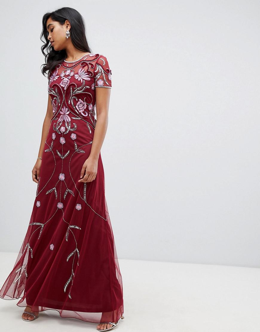 Frock and Frill Synthetic Embellished Maxi Dress In Berry in Red - Lyst