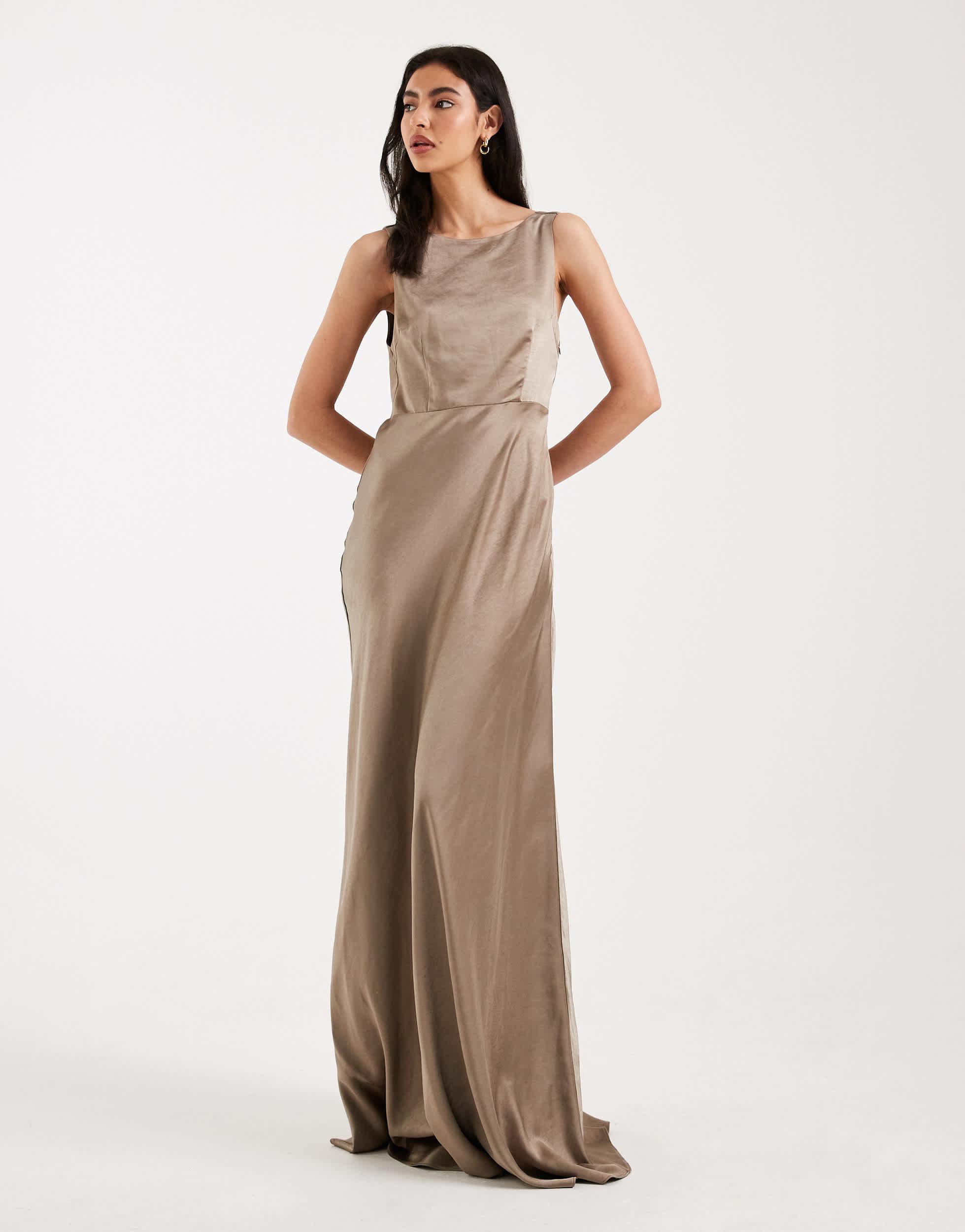 Six Stories Bridesmaids Satin Cowl Back Maxi Dress in Natural | Lyst