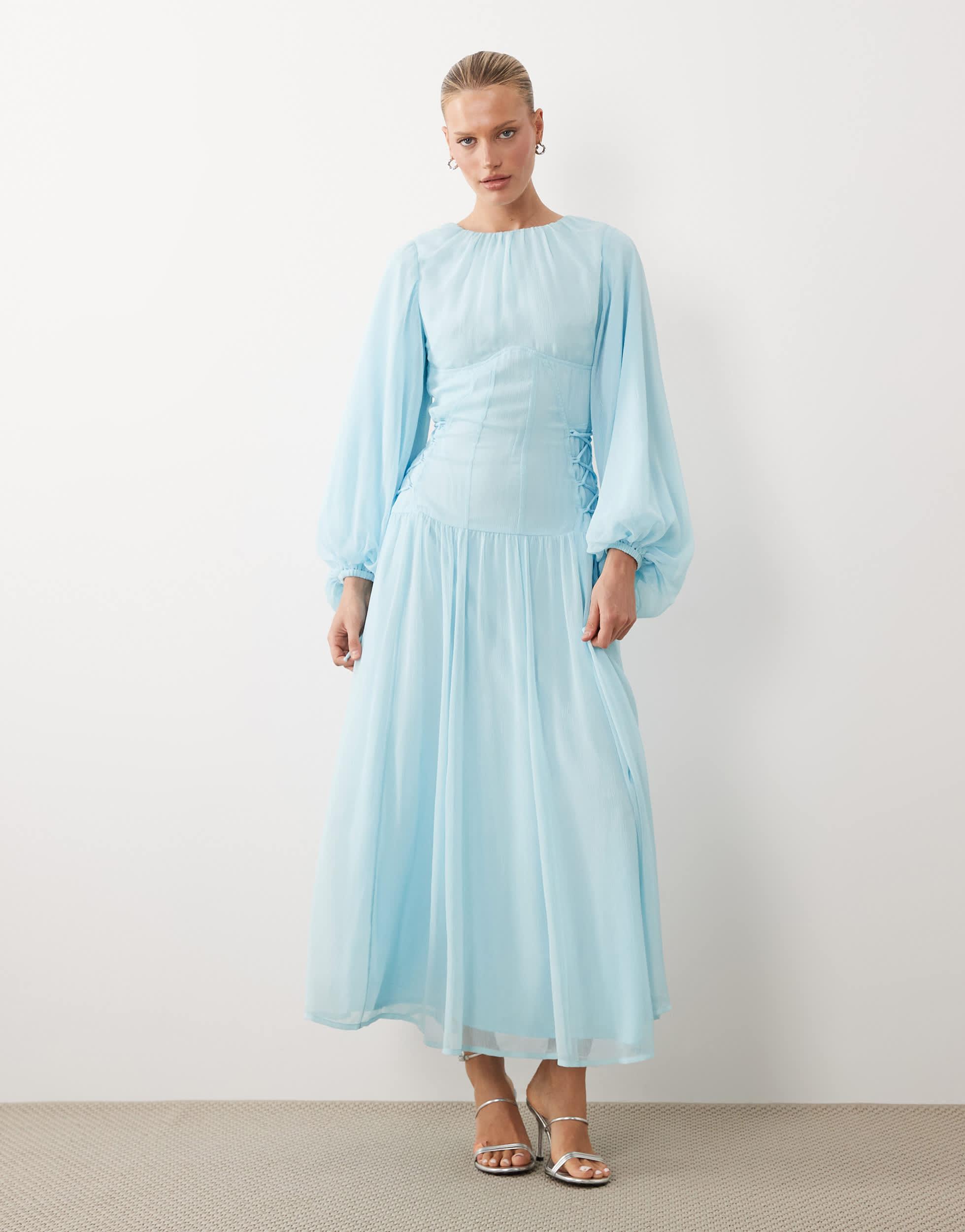 asos blue chiffon dress ASOS DESIGN Tall crinkle chiffon gathered maxi dress with micro ruffles in  blue