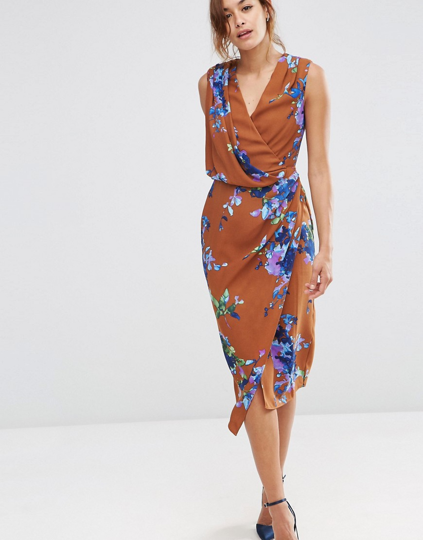 Asos Synthetic Drape Front Midi Dress In Brown Floral Lyst
