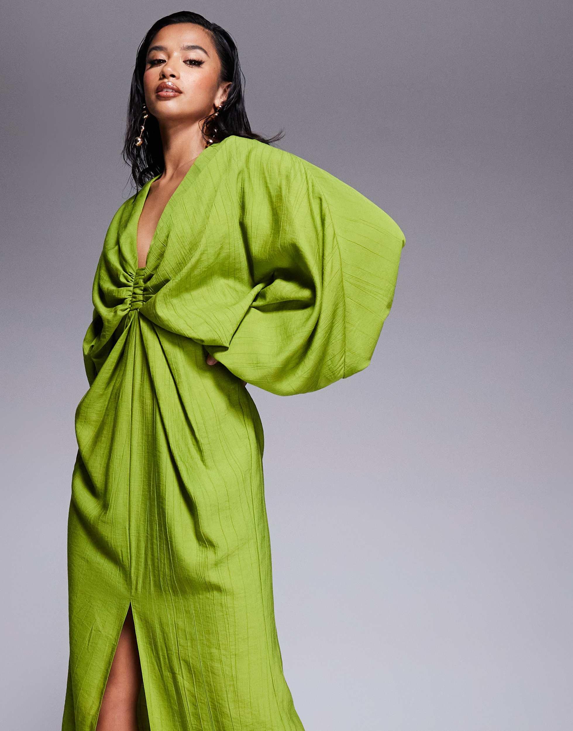 asos petite green dress ASOS Asos Design Petite Plunge Elasticated Maxi Dress With Blouson Sleeve  in Green