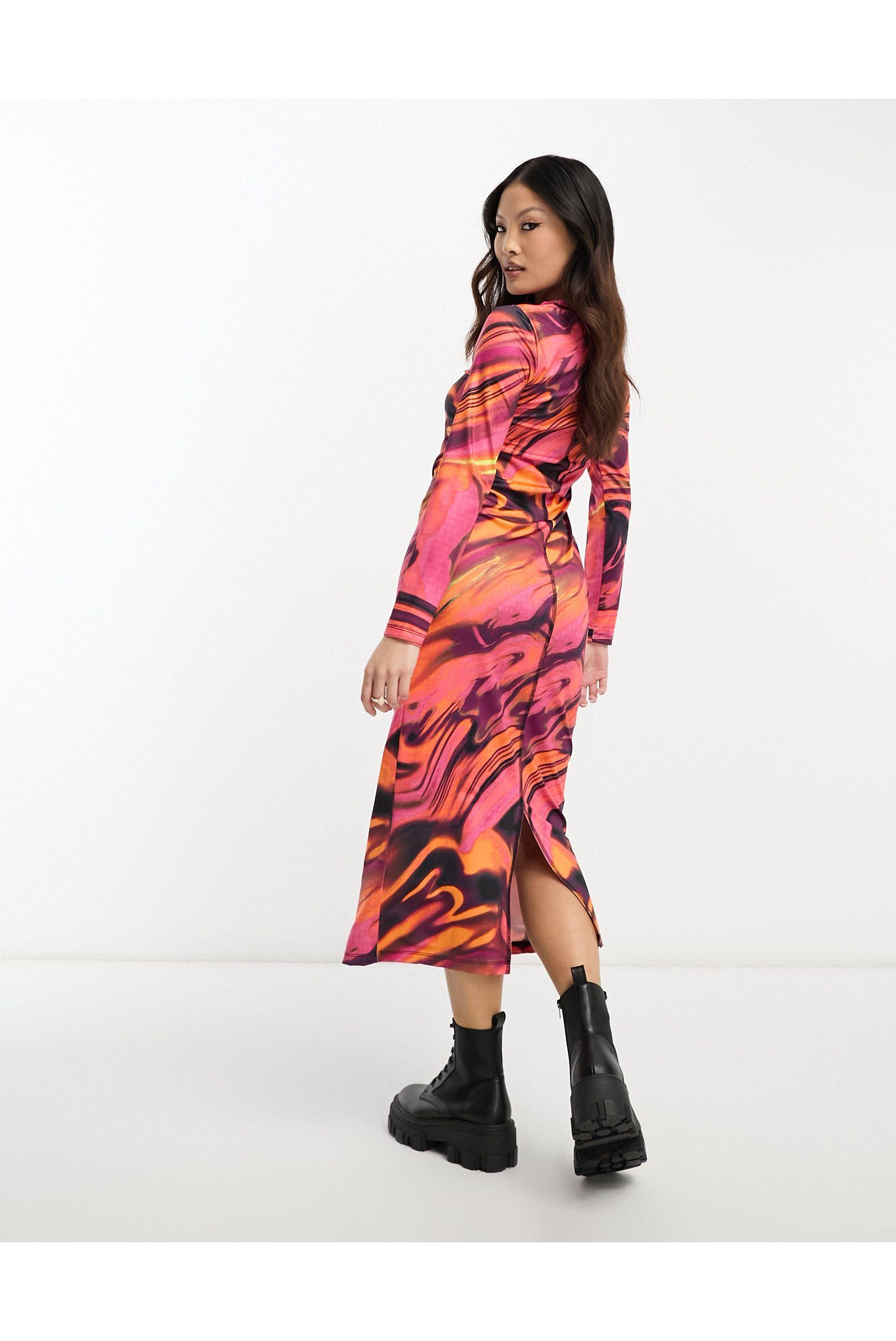 Vero Moda Abstract Printed Midi Dress in Red | Lyst
