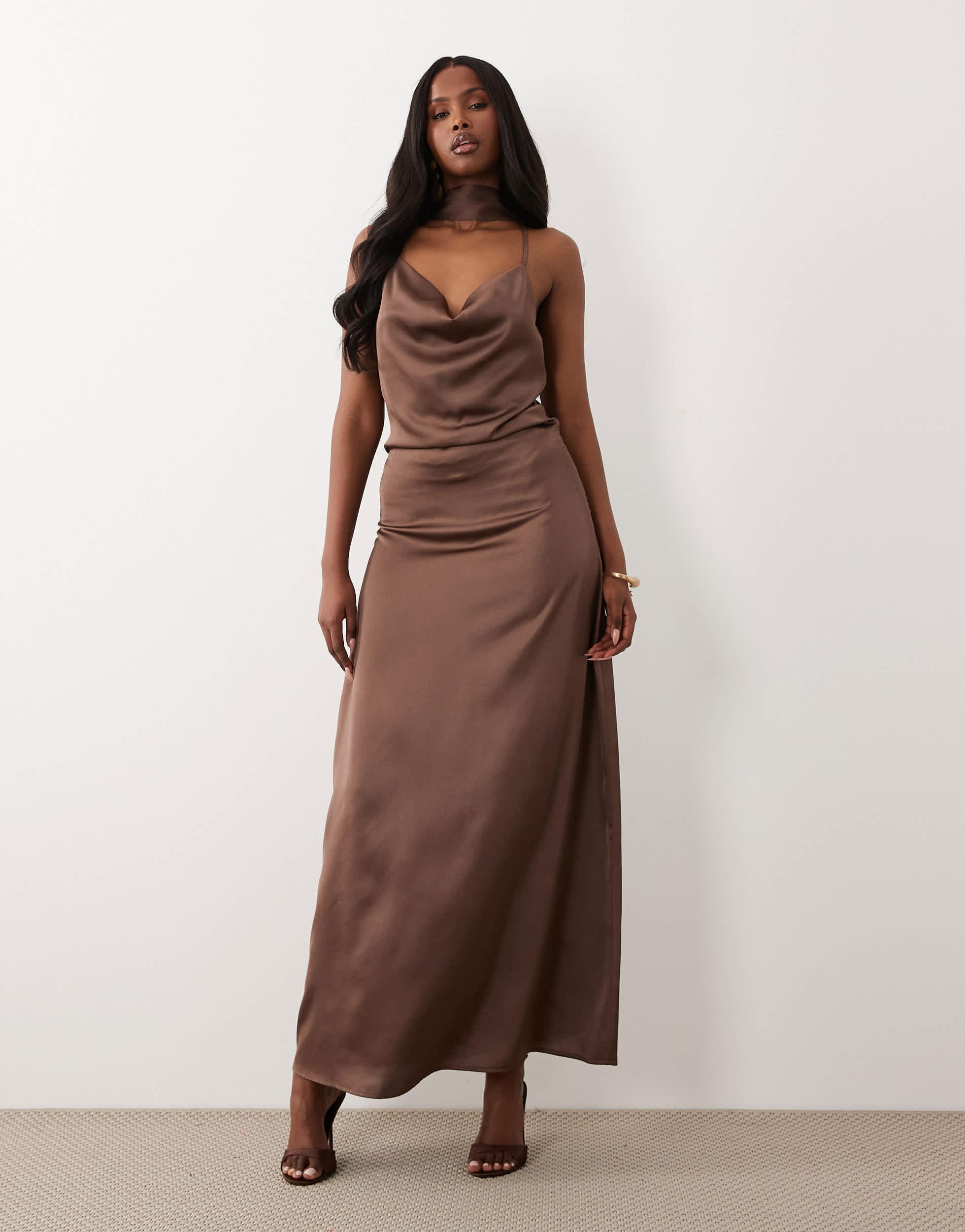 brown maxi dress with neck scarf Chocolate brown Satin slip dress with scarf. Cocktail maxi dress. Open back dress