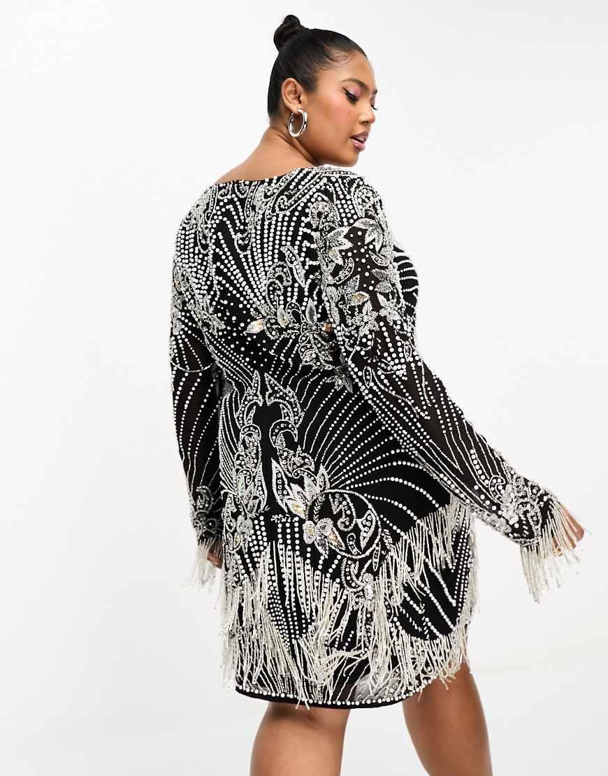 asos black beaded dress ASOS LUXE pearl embellished mini dress with scallop hem in black