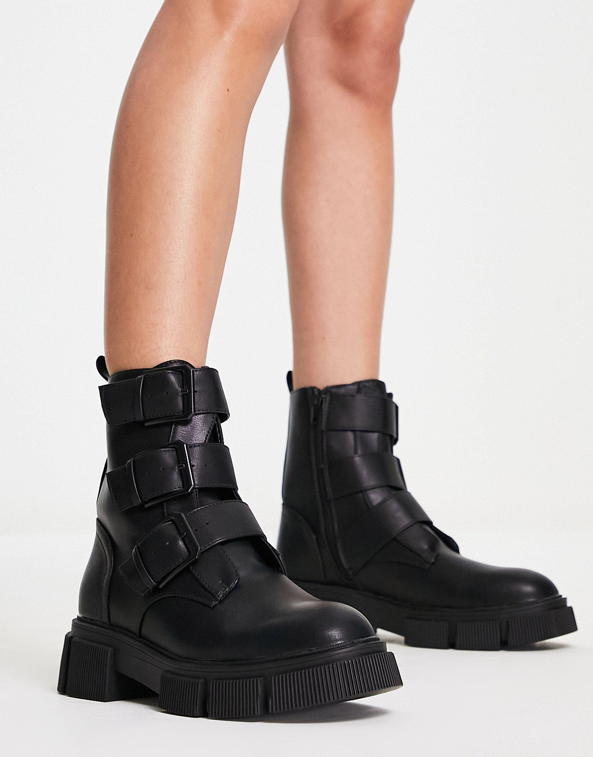Black flat buckle clearance boots
