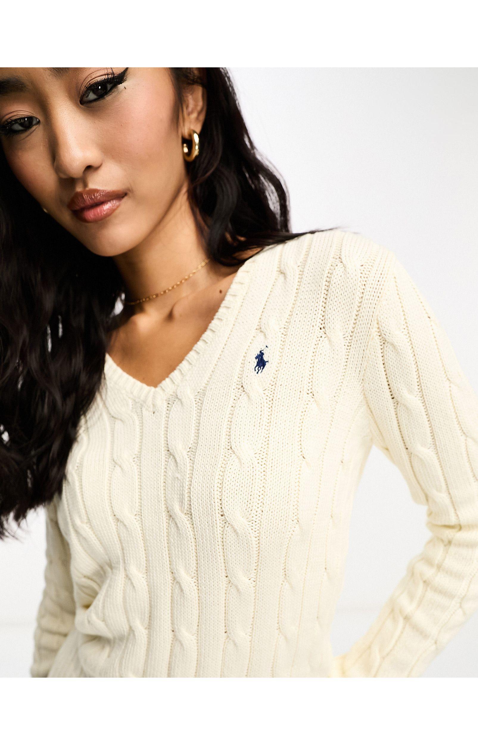 Ralph Lauren Womens Cable-Knit Pima Cotton V-Neck Jumper Parchment Cream, Polo Ralph Lauren Pima Cotton Sweater
