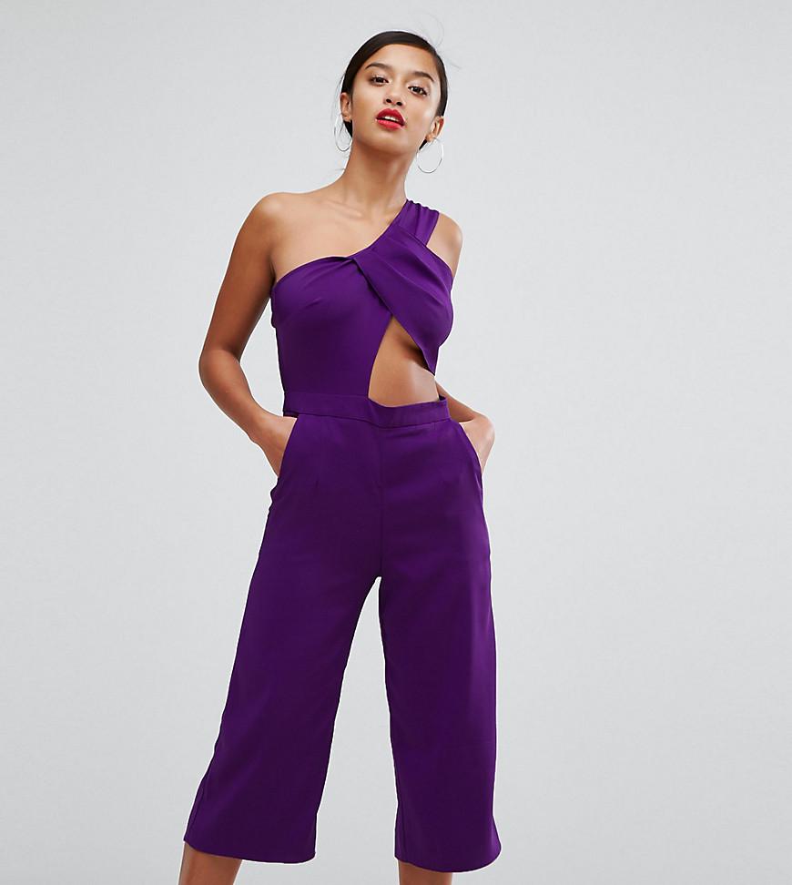 purple one shoulder jumpsuit