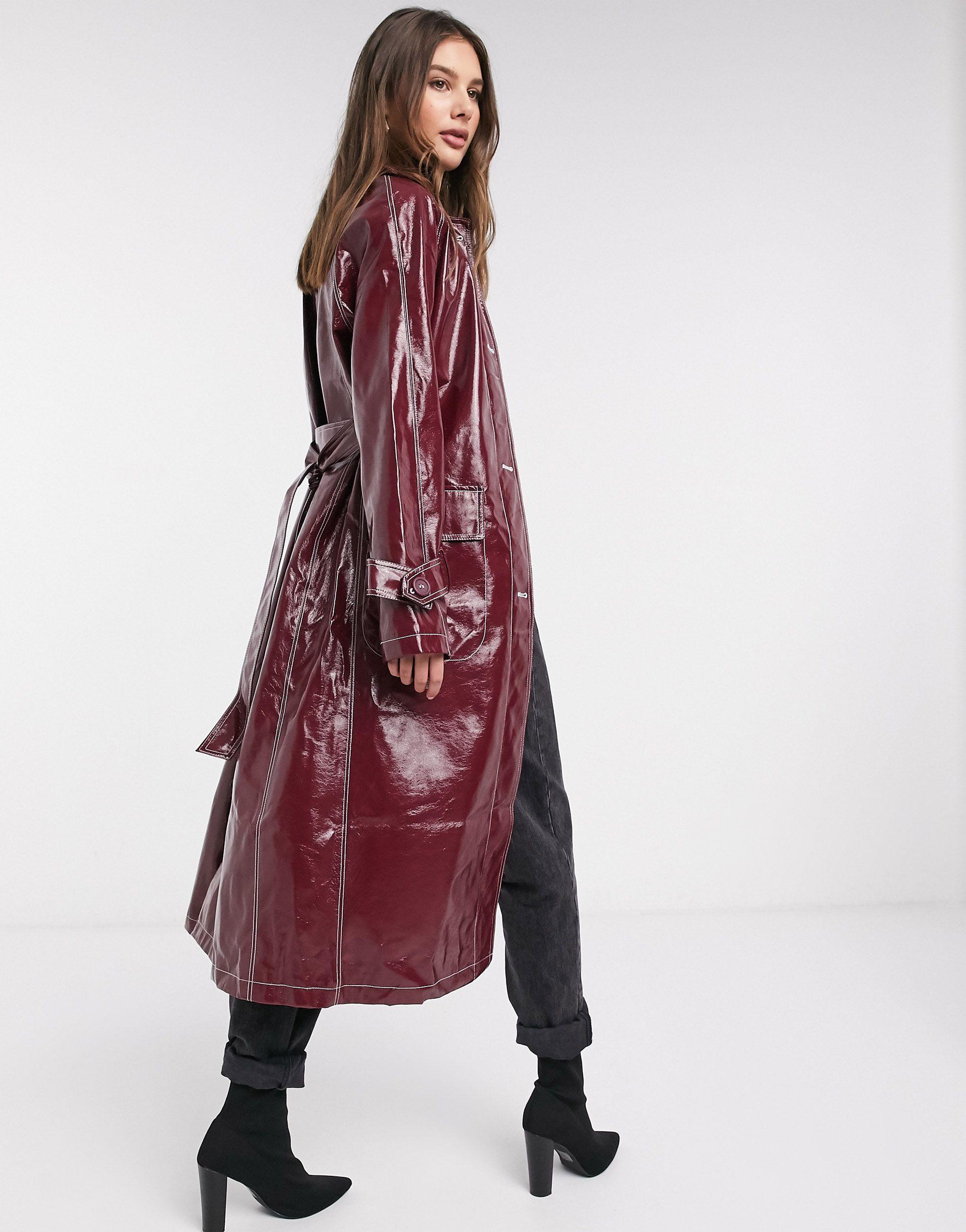 ASOS Asos Design Tall Vinyl Trench Coat With Contrast Stitching Lyst