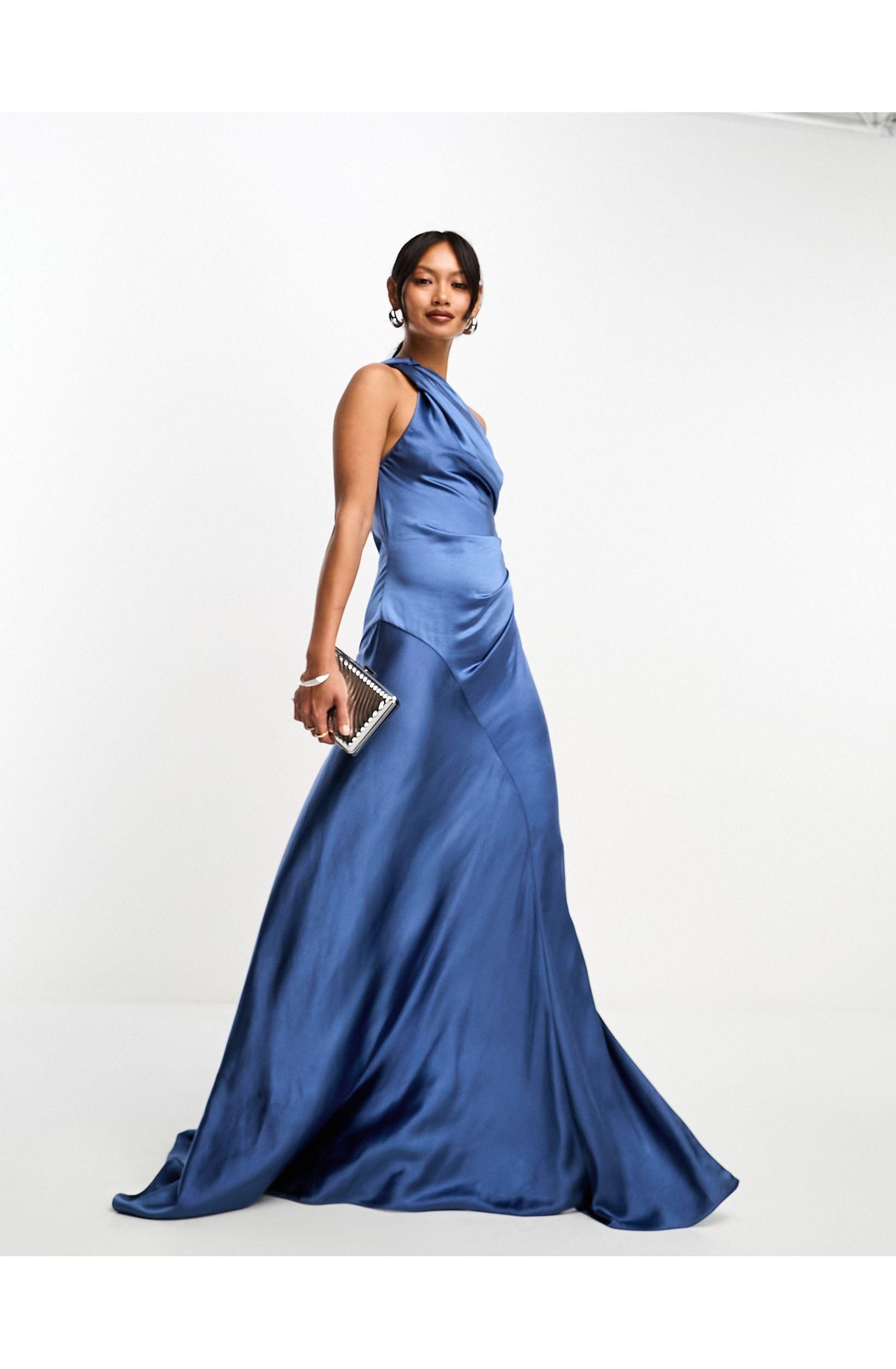 ASOS Satin Twist Shoulder Drape Maxi Dress With Puddle Hem in Blue