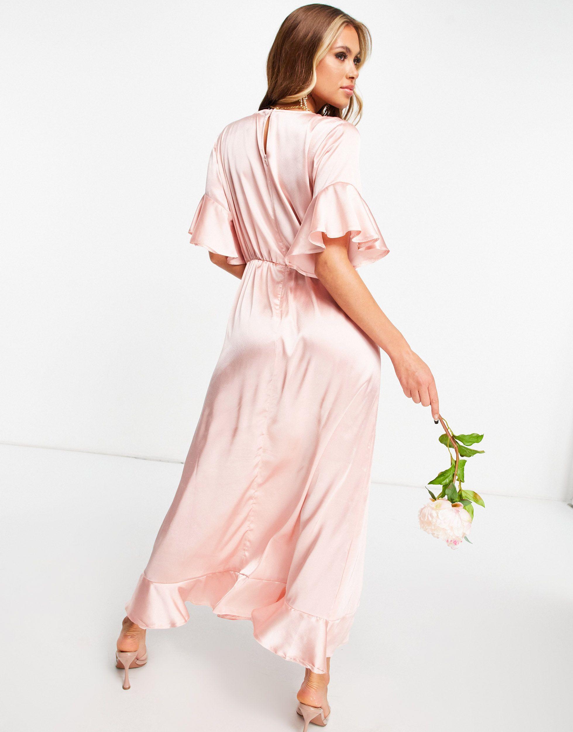 Satin Ruffle Wrap Maxi Dress in Pink 