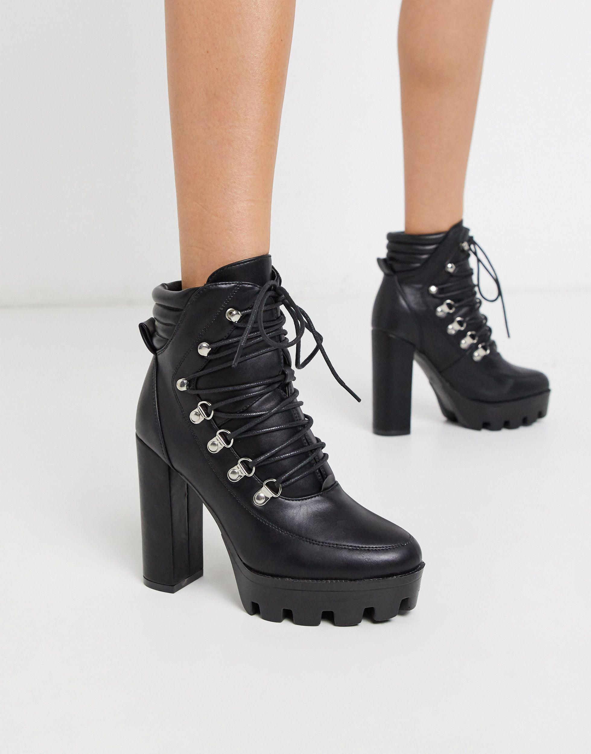 Missguided High Heeled Lace Up Hiking Boot in Black | Lyst