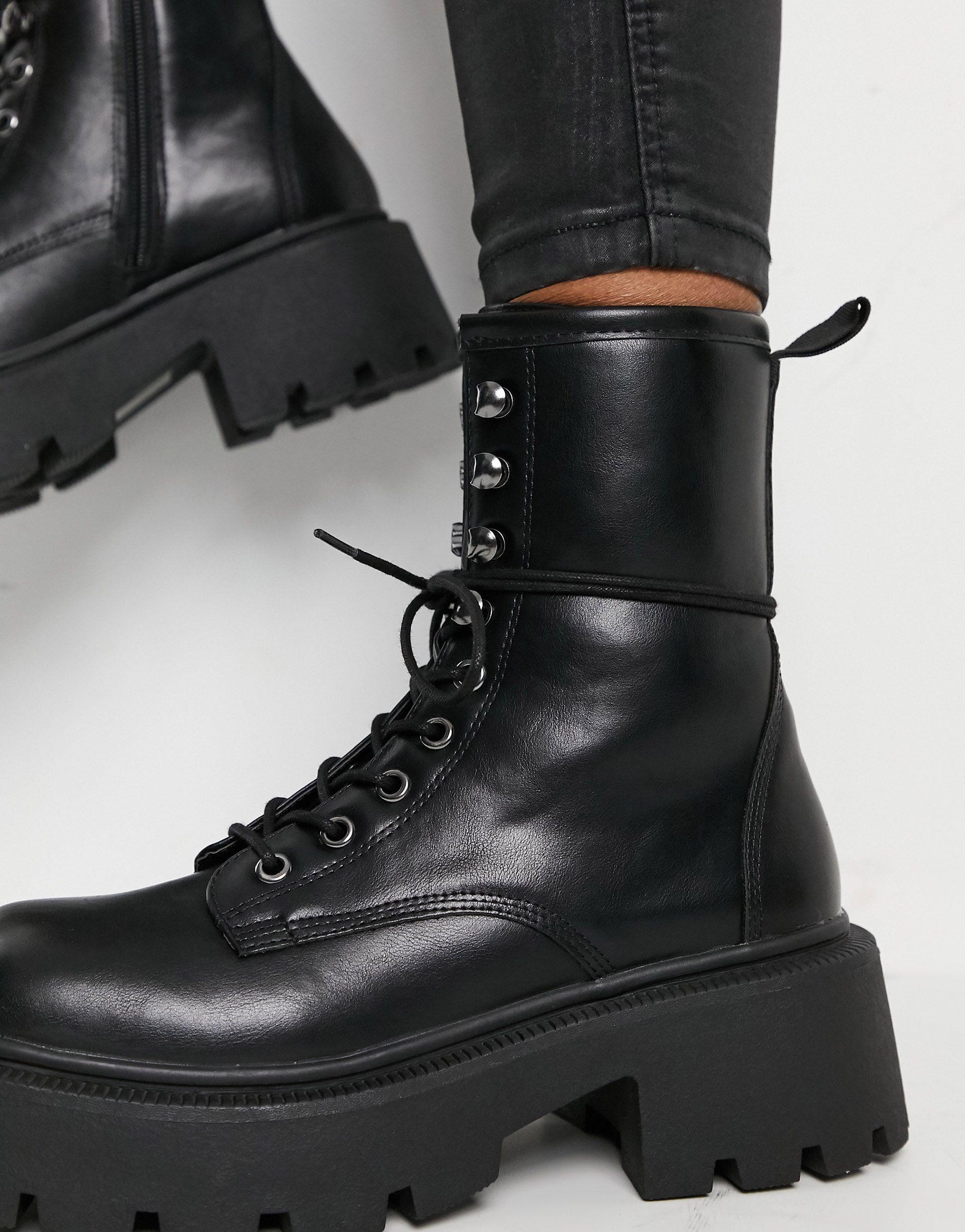 Truffle Collection Faux Leather Square Toe Chunky Lace Up Boots in Black |  Lyst