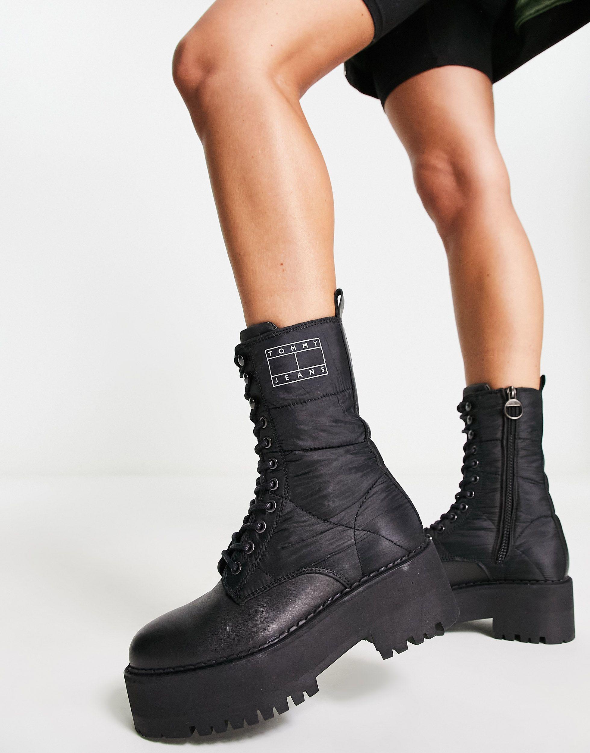 Tommy Hilfiger Leather Flatform Padded Boots in Black | Lyst