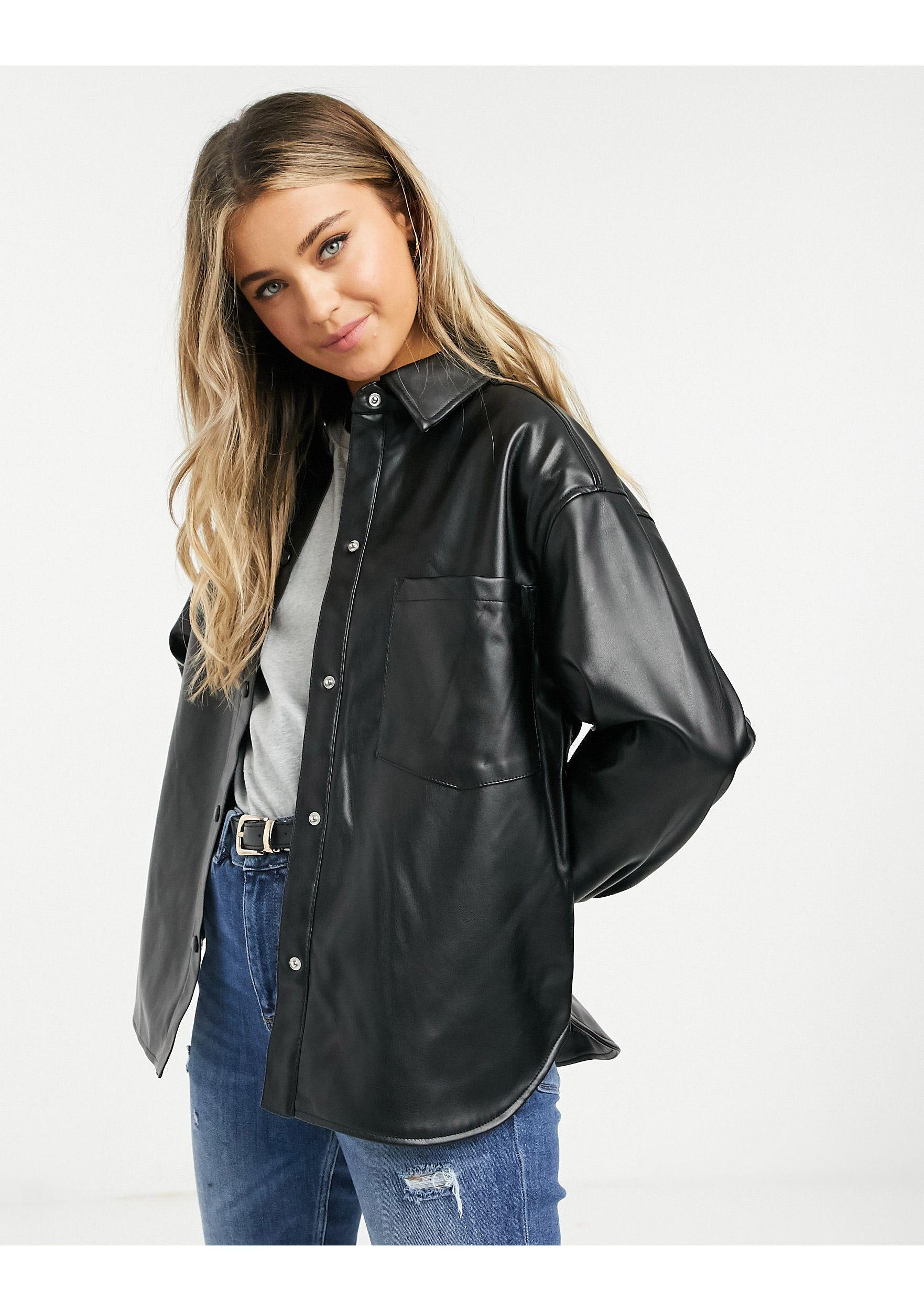 Pull&Bear Faux Leather Overshirt Shacket in Black | Lyst
