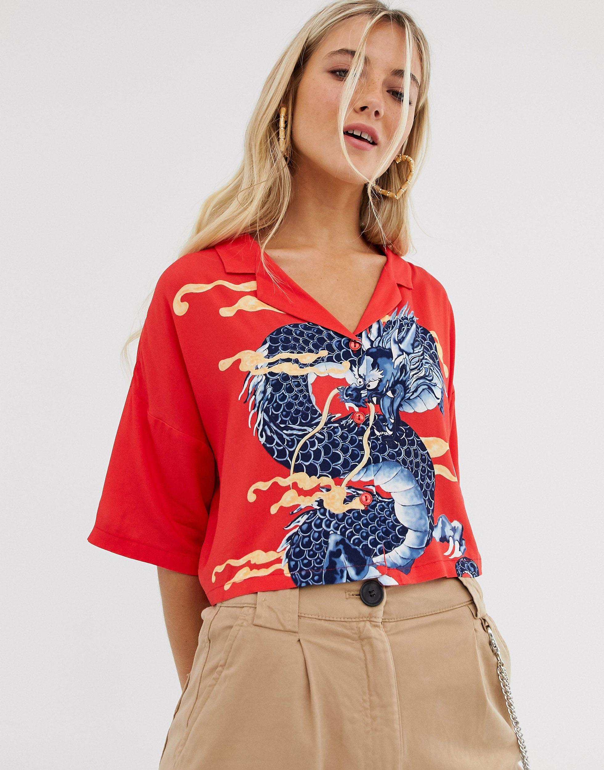 Bershka Denim Dragon Print Shirt in Red | Lyst