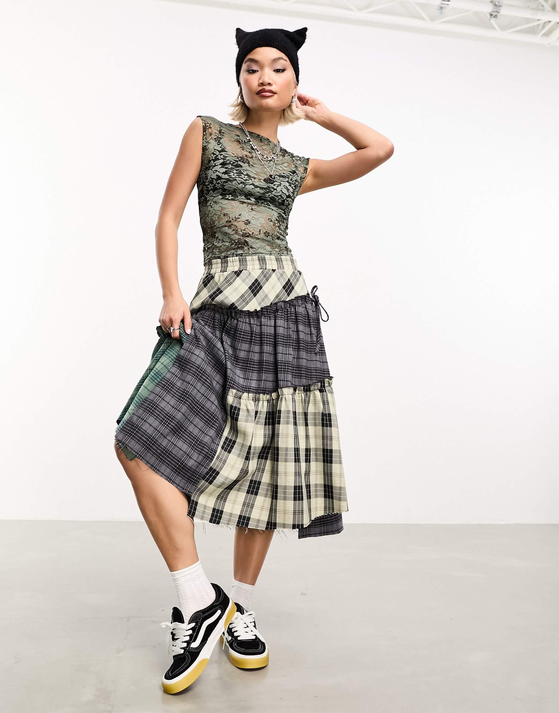 Collusion Deconstructed Gathered Panel Mixed Check Midi Skirt in