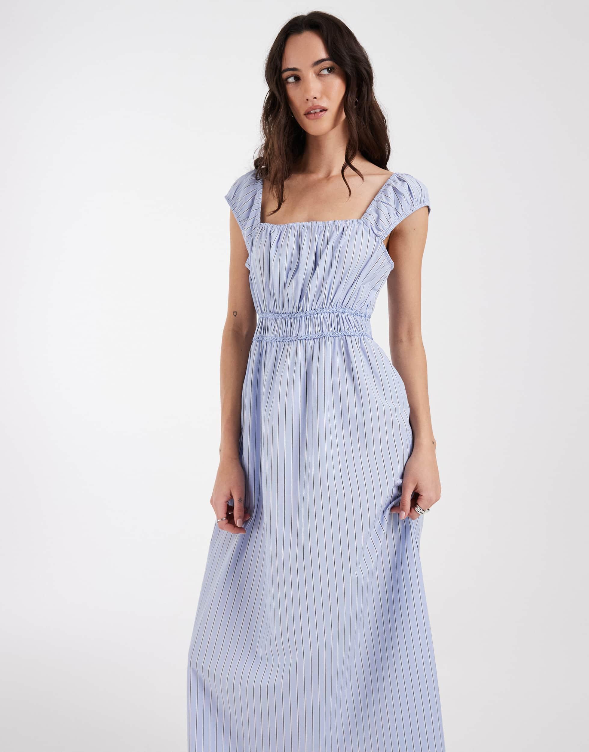 blue milkmaid midi dress Emma Baby Blue Linen Mini Dress - XL Size - Women's Dresses main image 1