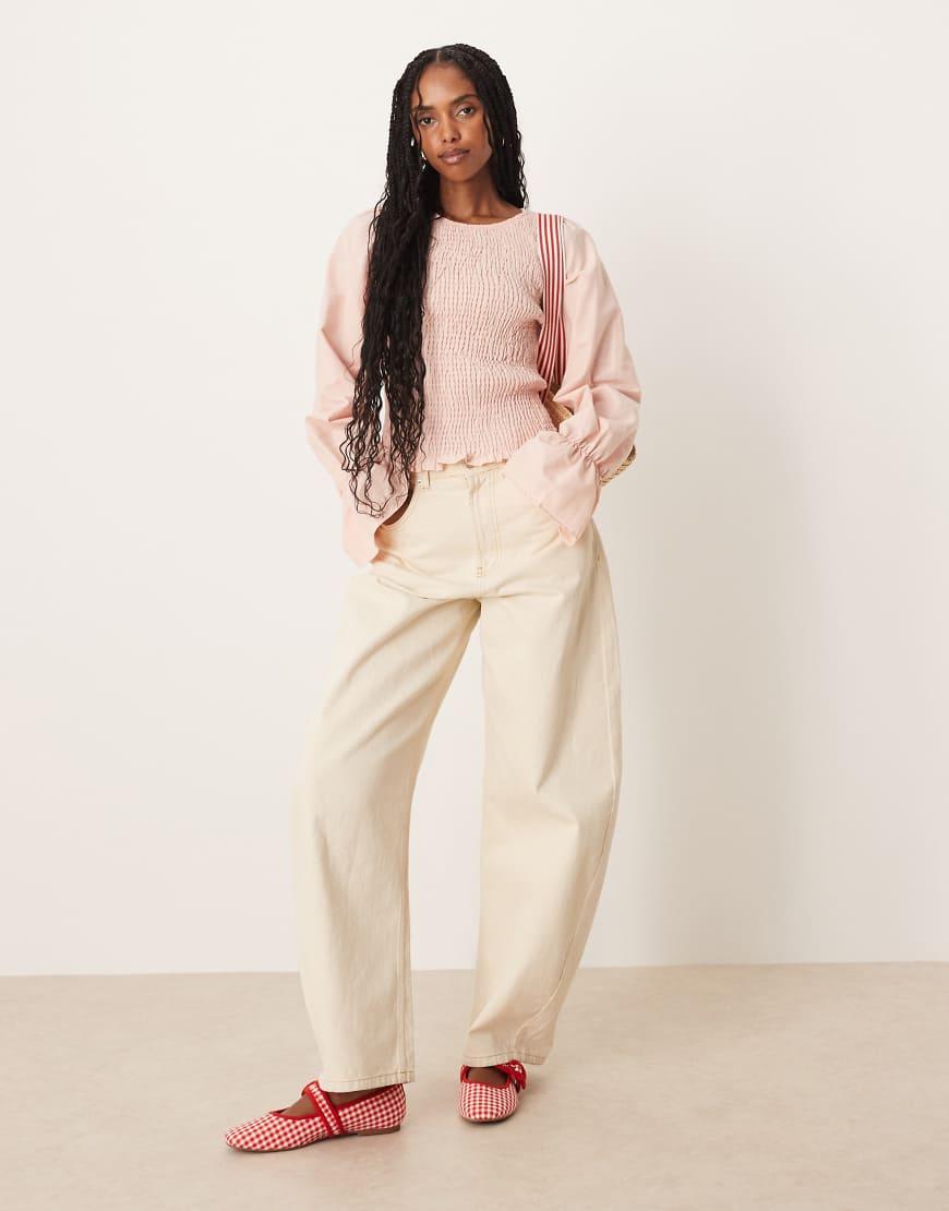 ASOS Linen Blend Shirred Blouse in Natural | Lyst UK