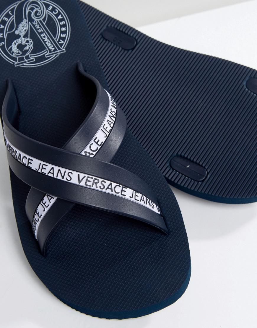 Versace Jeans Couture Denim Jeans Logo Crossover Flip Flop in Navy