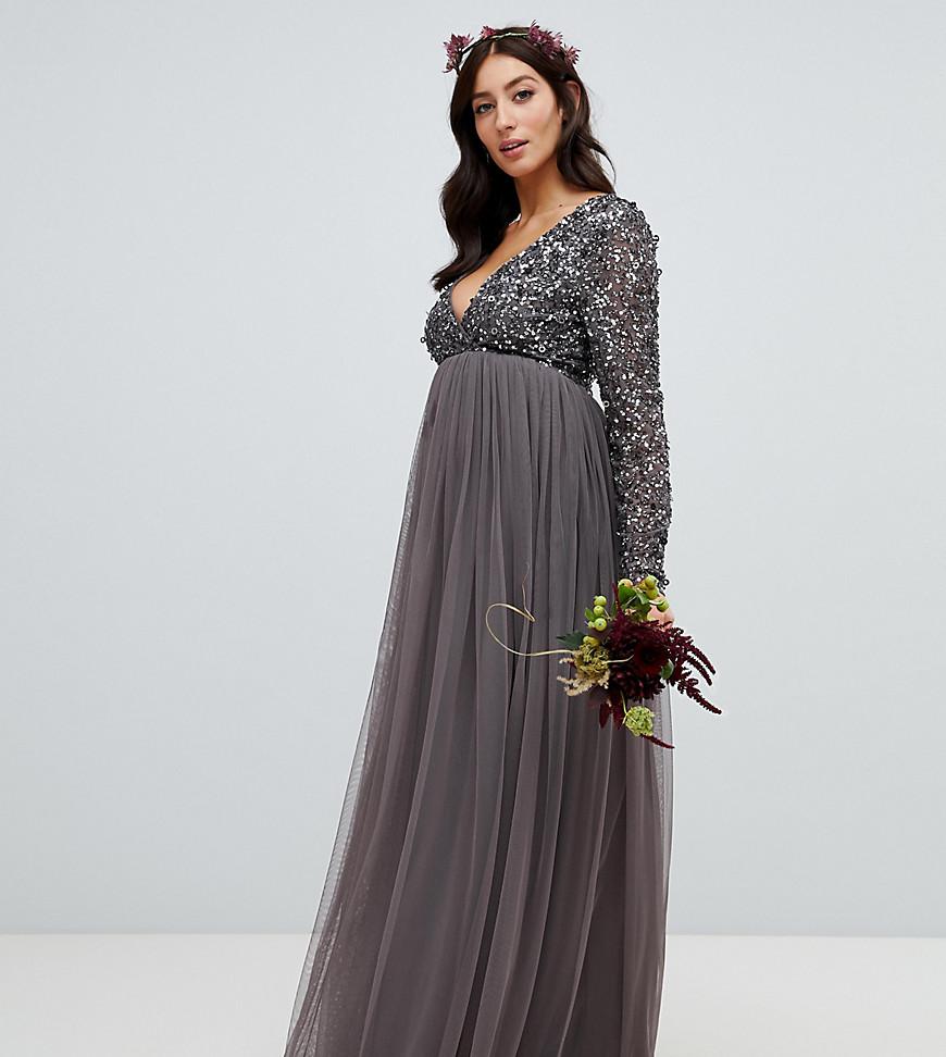 Maya Maternity Long Sleeve Front Maxi Dress With Delicate Sequin And Tulle Skirt Charcoal in Gray | Lyst