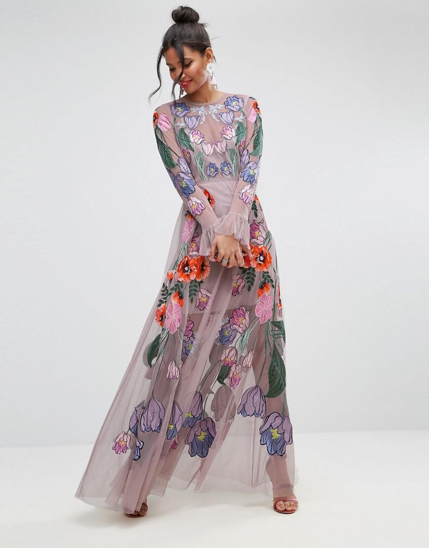 ASOS Salon Embroidered Floral Maxi Dress in Pink | Lyst