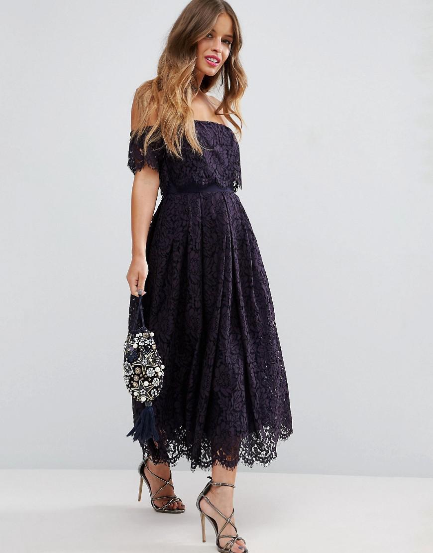 Lyst Asos  Off The Shoulder Lace Prom  Midi Dress  in Blue 
