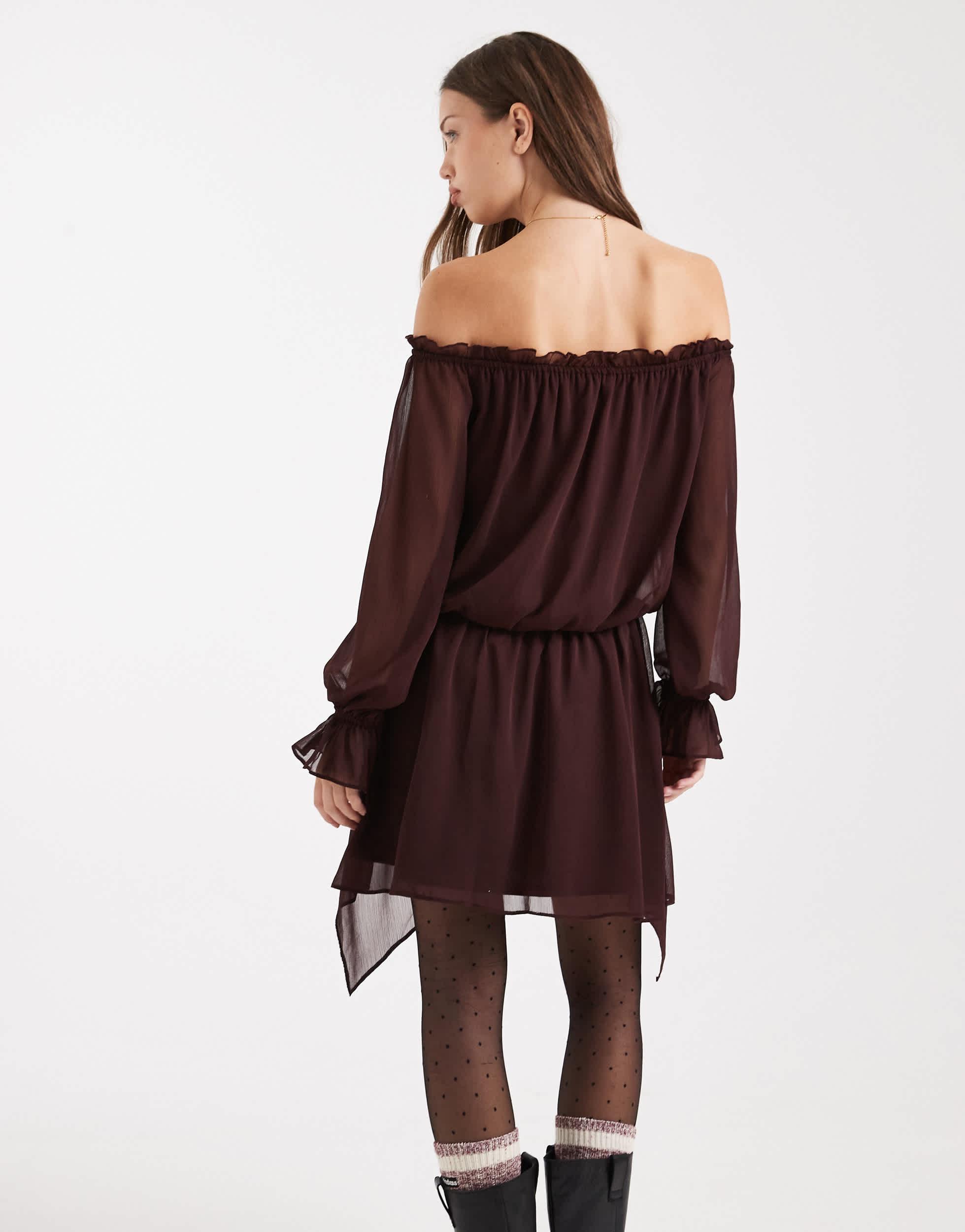 Miss Selfridge Chiffon Bardot Hanky Hem Dress in Red | Lyst Miss Selfridge Chiffon Bardot Hanky Hem Dress in Red | Lyst
