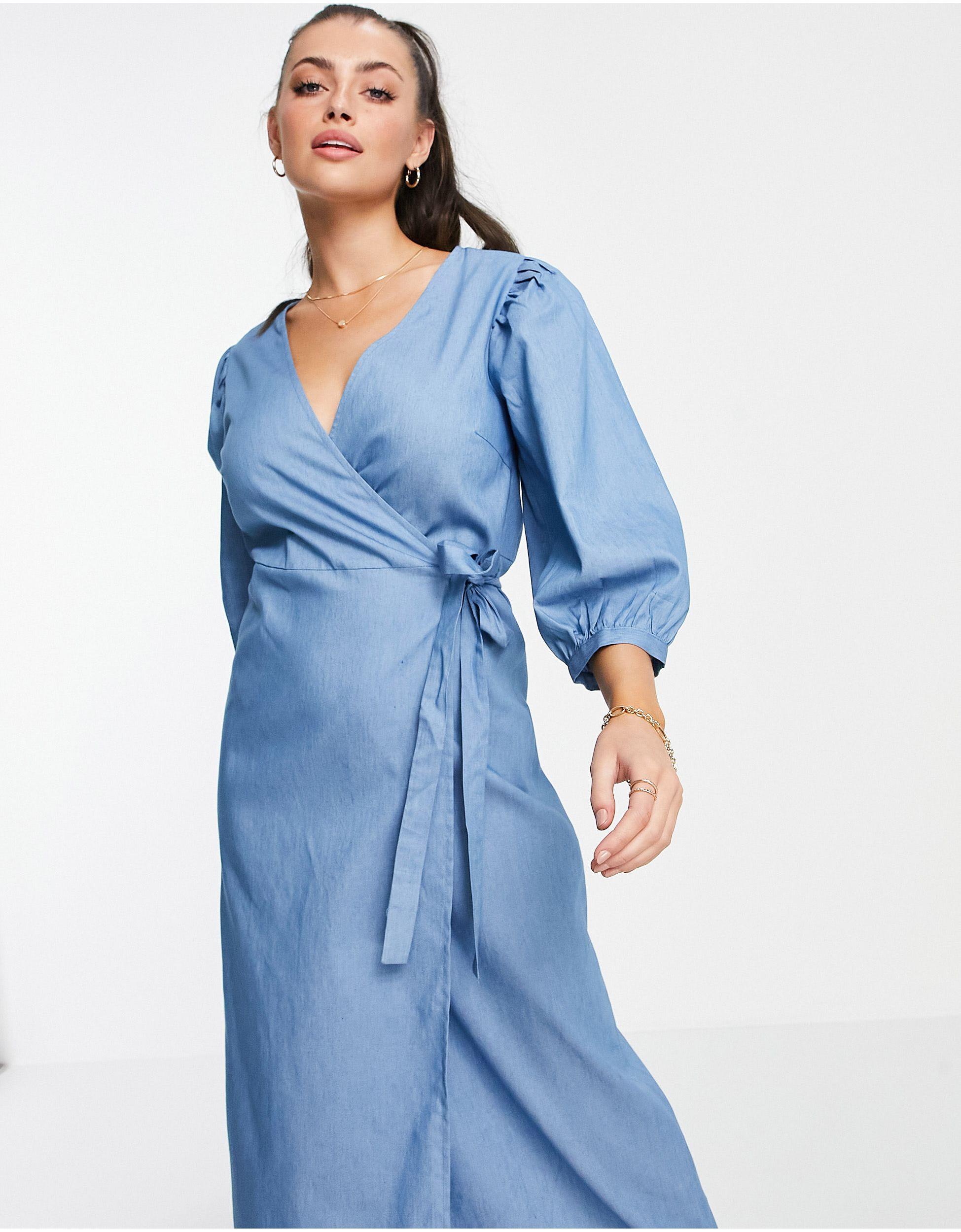 Vila V Neck Denim Wrap Dress With Puff Sleeve in Blue | Lyst