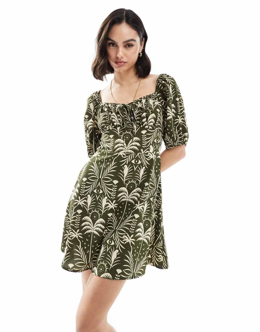 Wednesday's Girl Palm Print Puff Sleeve Mini Dress in Green Lyst UK