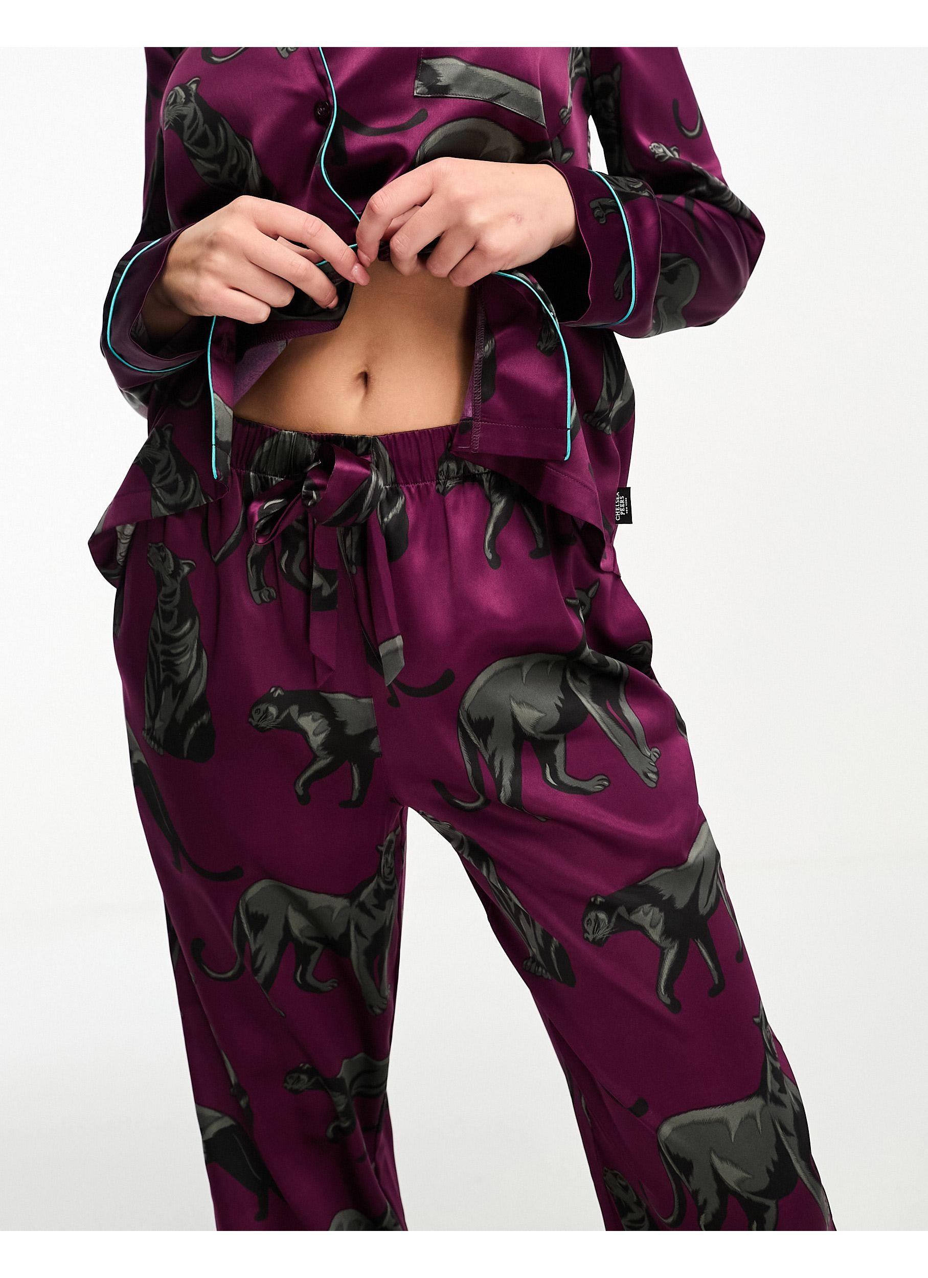Chelsea Peers Exclusive Satin Panther Print Button Top And Pants Pajama Set  in Red