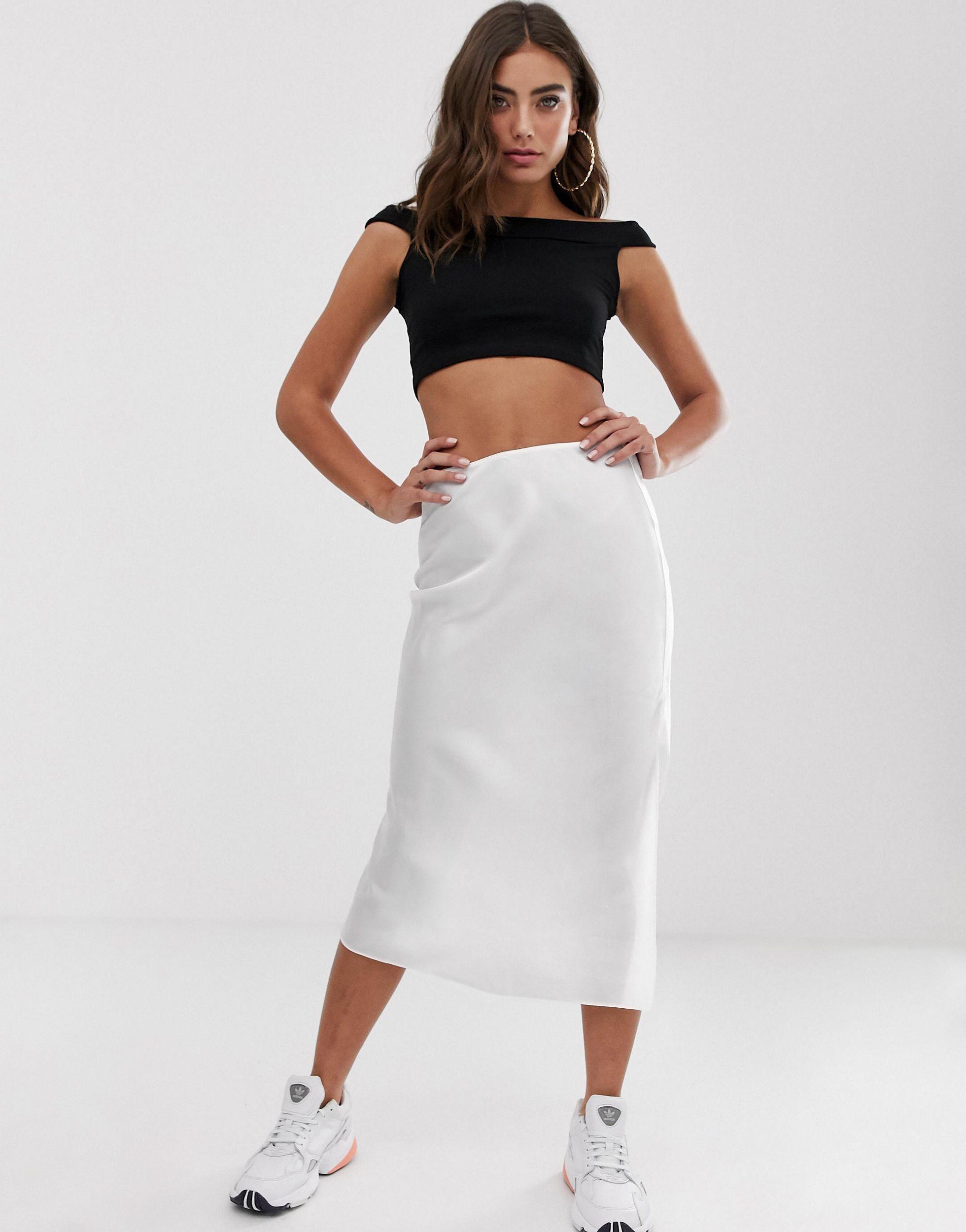 ASOS Satin Midi Slip Skirt in White - Lyst