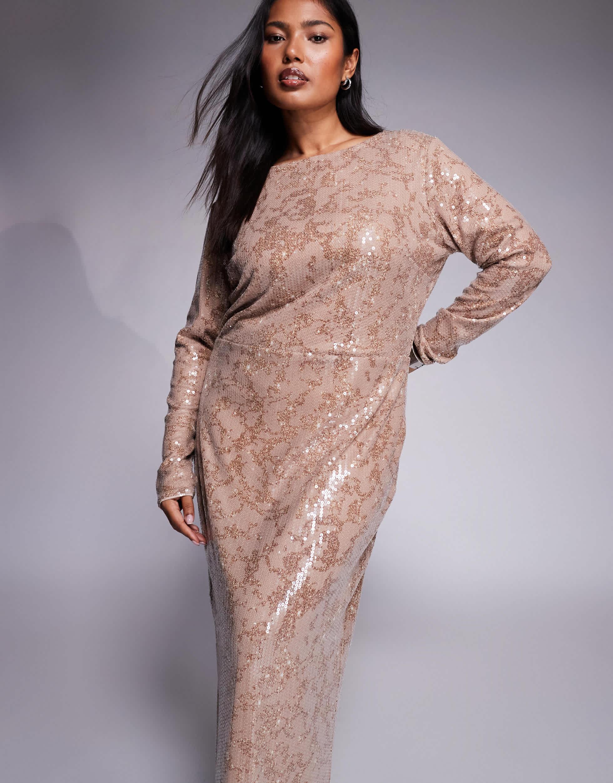 Sequin Rose Gold Glitter Dress With Sleeves Jaded Rose Plus Foil Sequin Long  Sleeved Maxi Dress