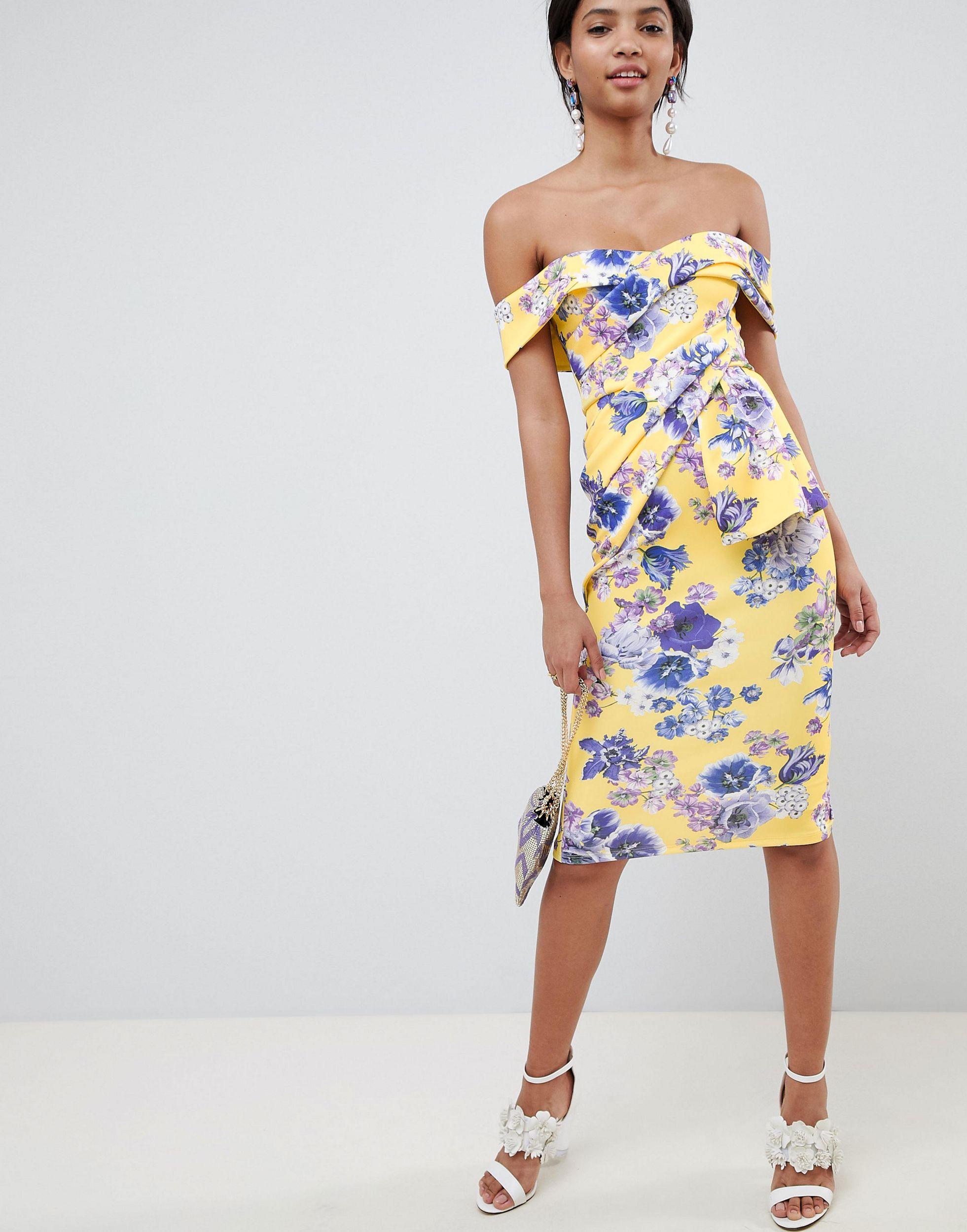 ASOS Denim Bardot Fold Wrap Front Midi Dress In Print - Lyst