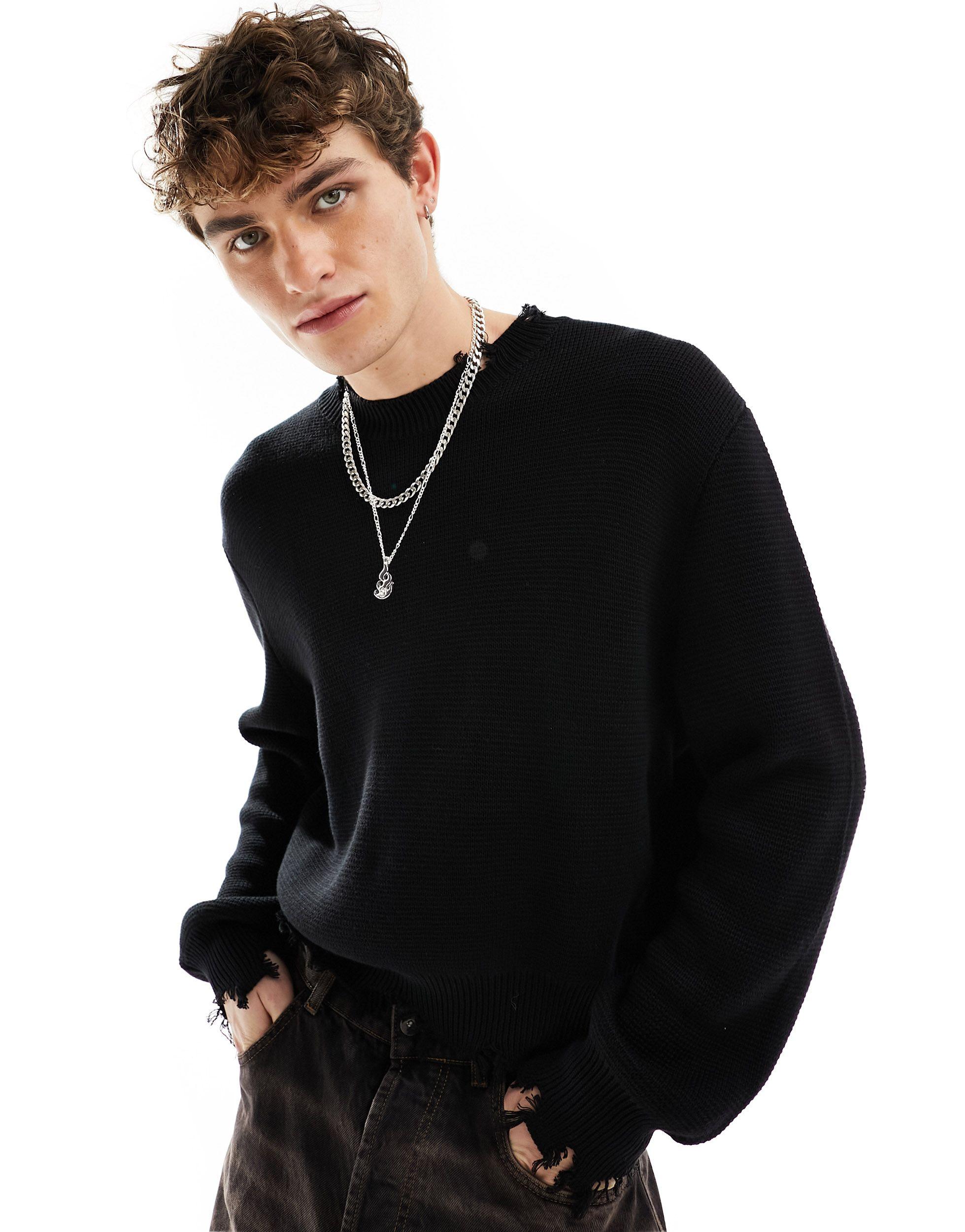 Bershka Cropped Distressed Knitted Jumper in Black for Men Lyst Canada