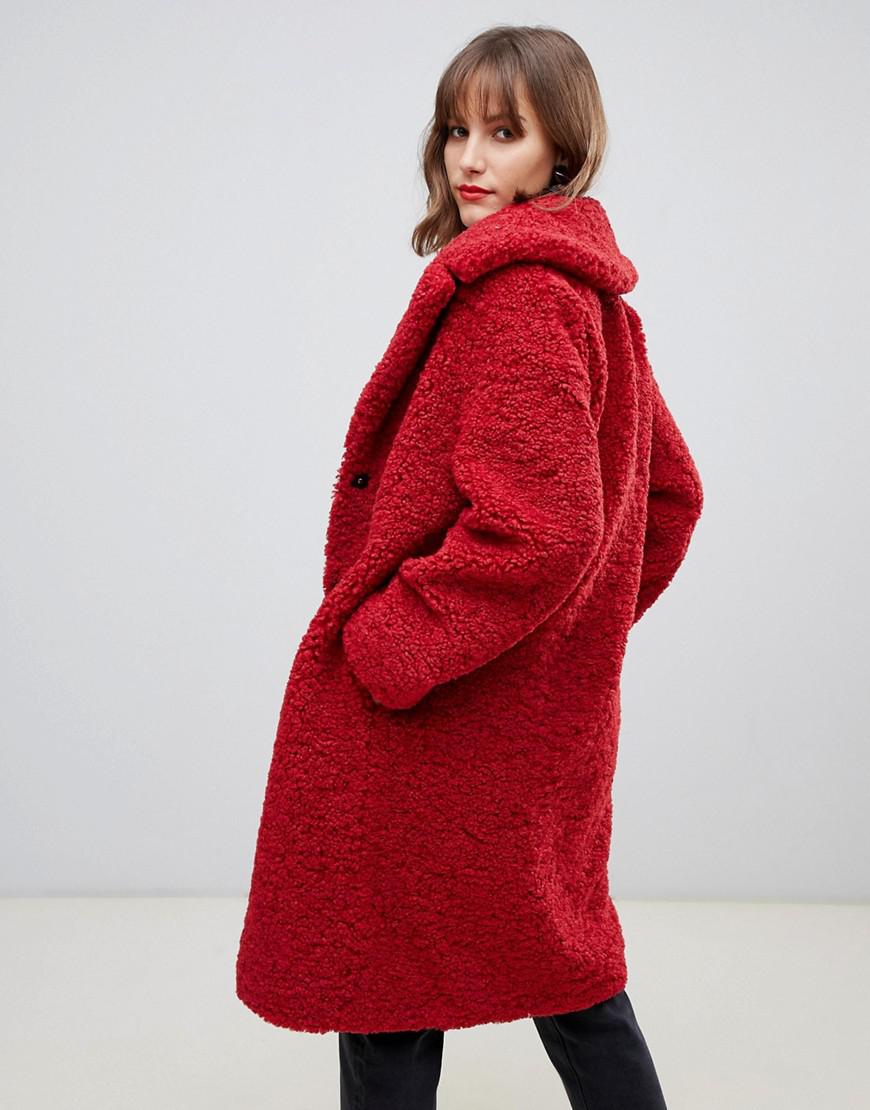 Stradivarius Teddy Coat in Red | Lyst