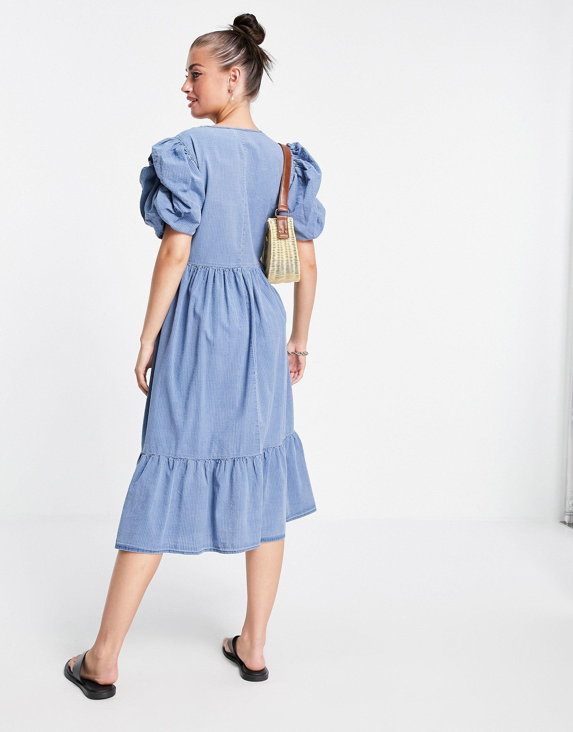 Vero Moda Puff Sleeve Denim Midi Dress in Blue | Lyst
