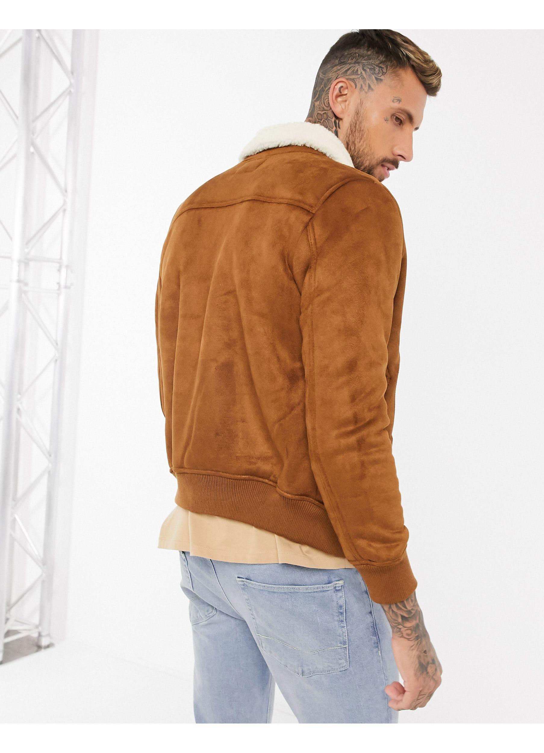 Bershka Suede Bomber Jacket With Borg Collar in Brown for Men | Lyst UK