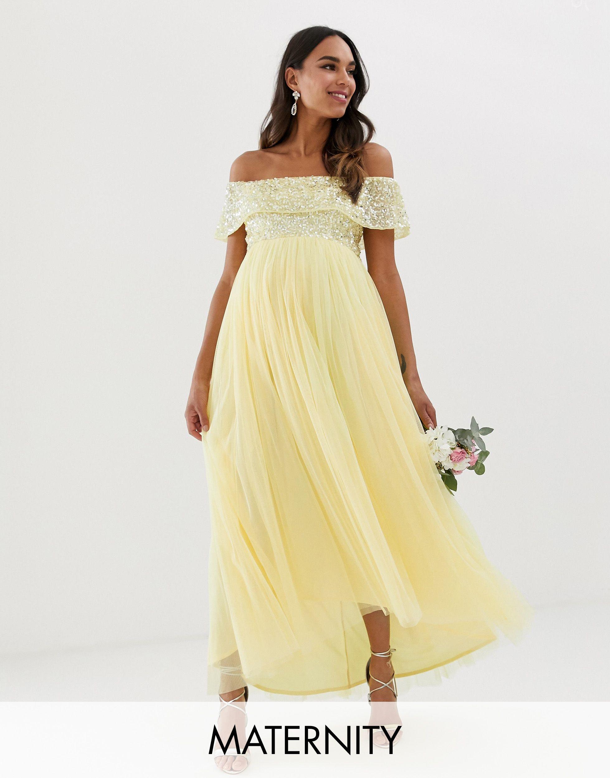 Maya Maternity Bridesmaid Delicate Sequin Bardot High Low Maxi Dress in  Yellow | Lyst