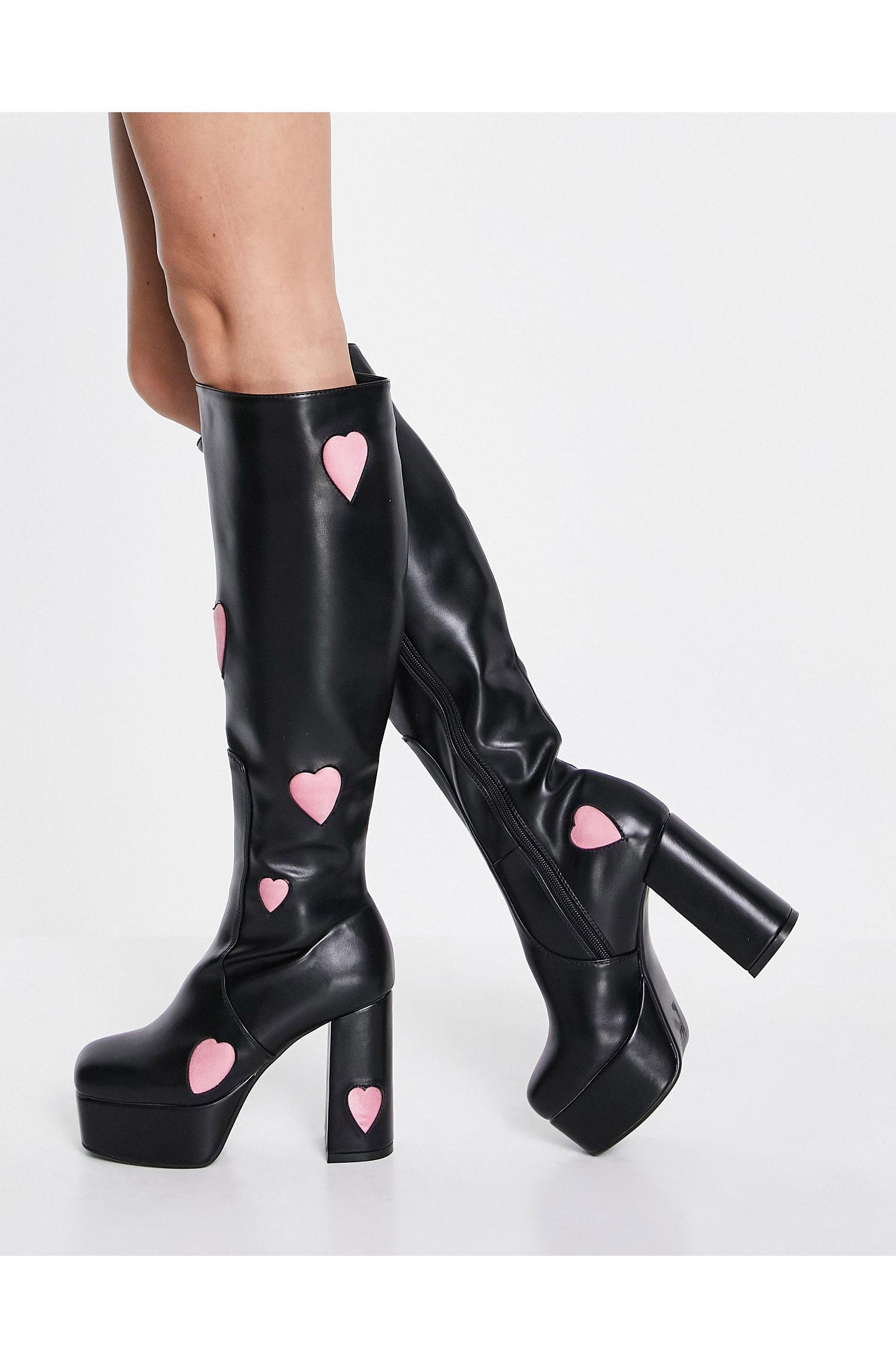 LAMODA Knee High Platform Boots With Pink Hearts in Black | Lyst