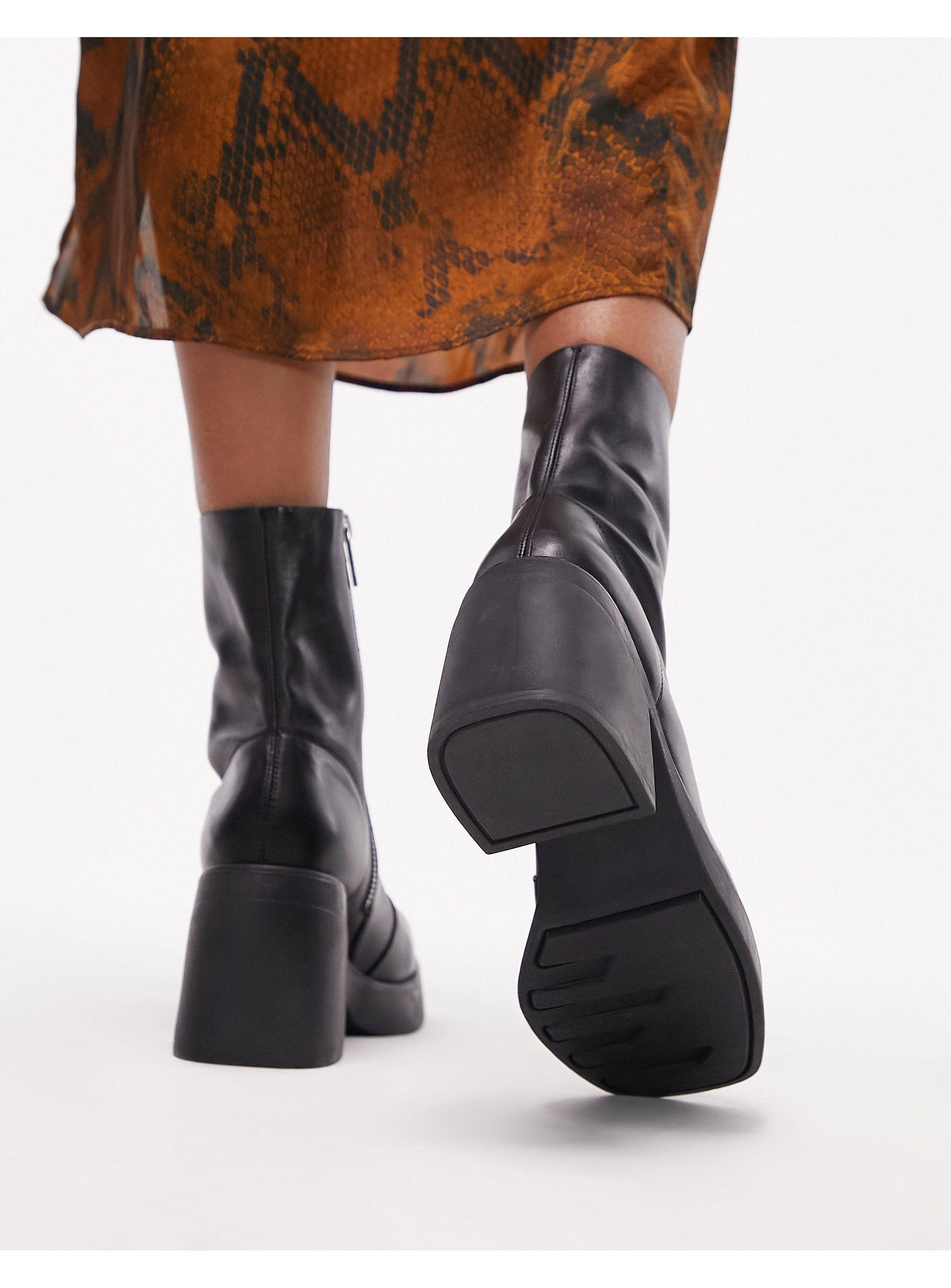 TOPSHOP Tyra Leather Block Heeled Boot in Brown | Lyst