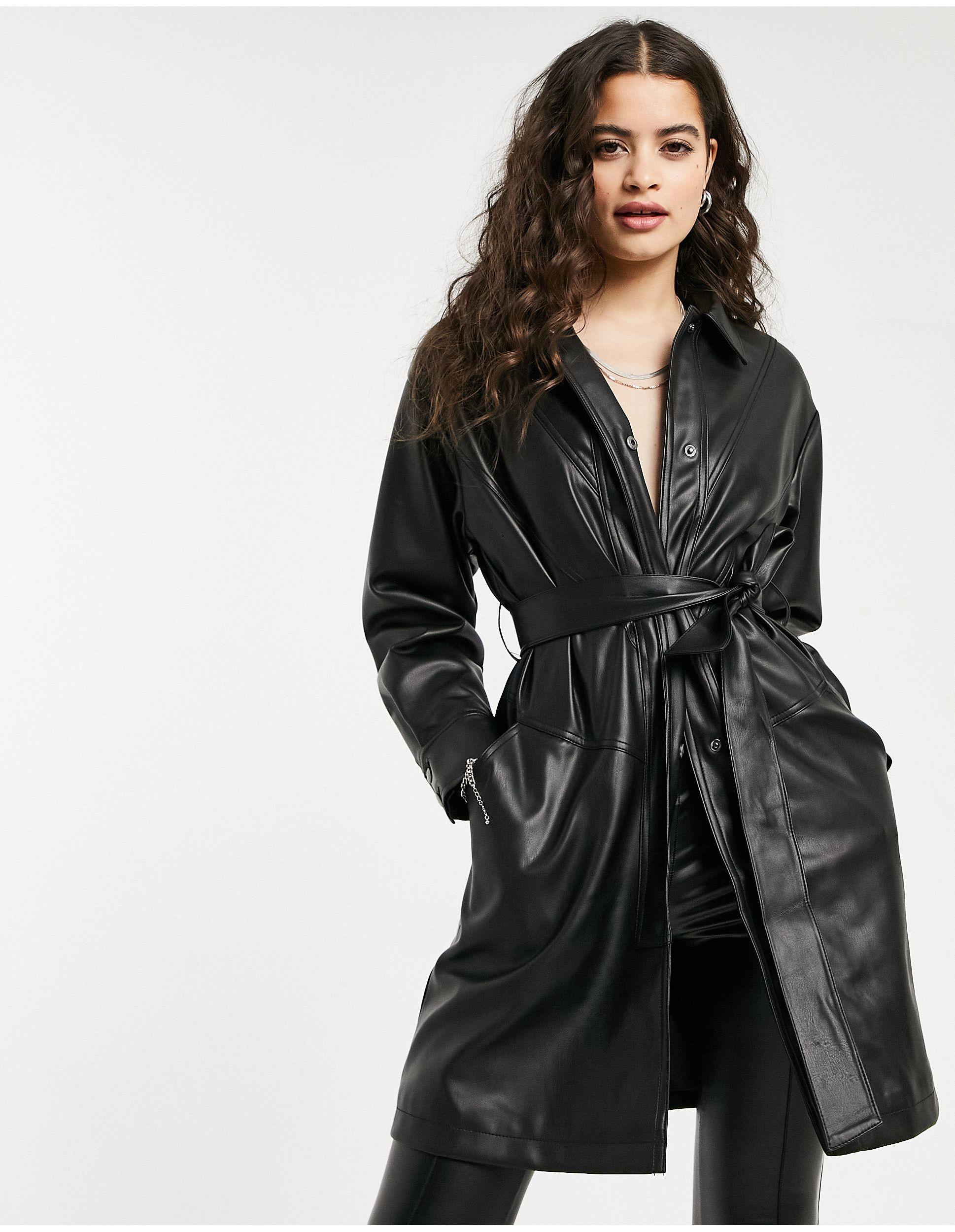 TOPSHOP Faux Leather Belted Shacket in Black | Lyst
