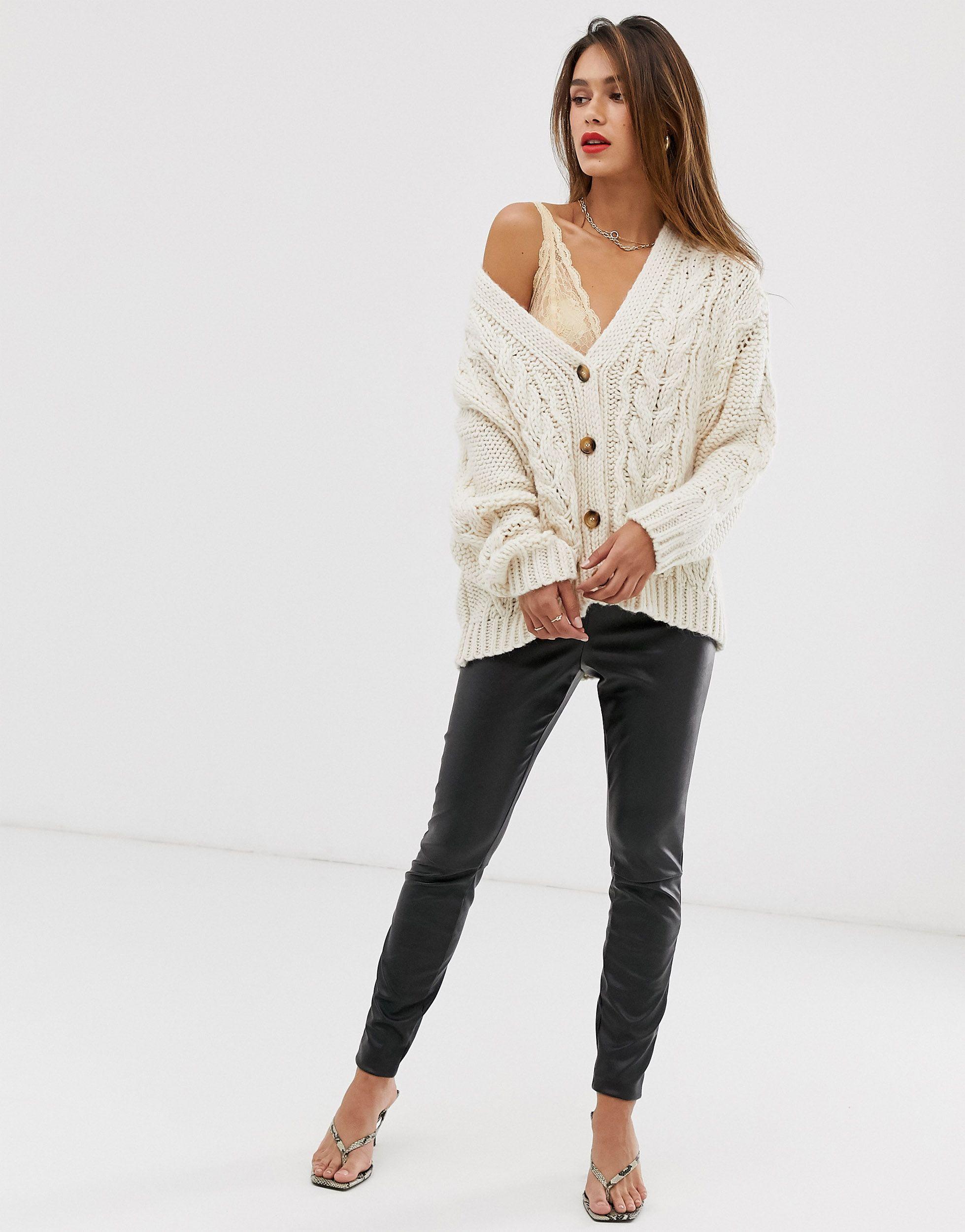 Mango Button Front Oversized Cable Knit Cardigan in Natural | Lyst