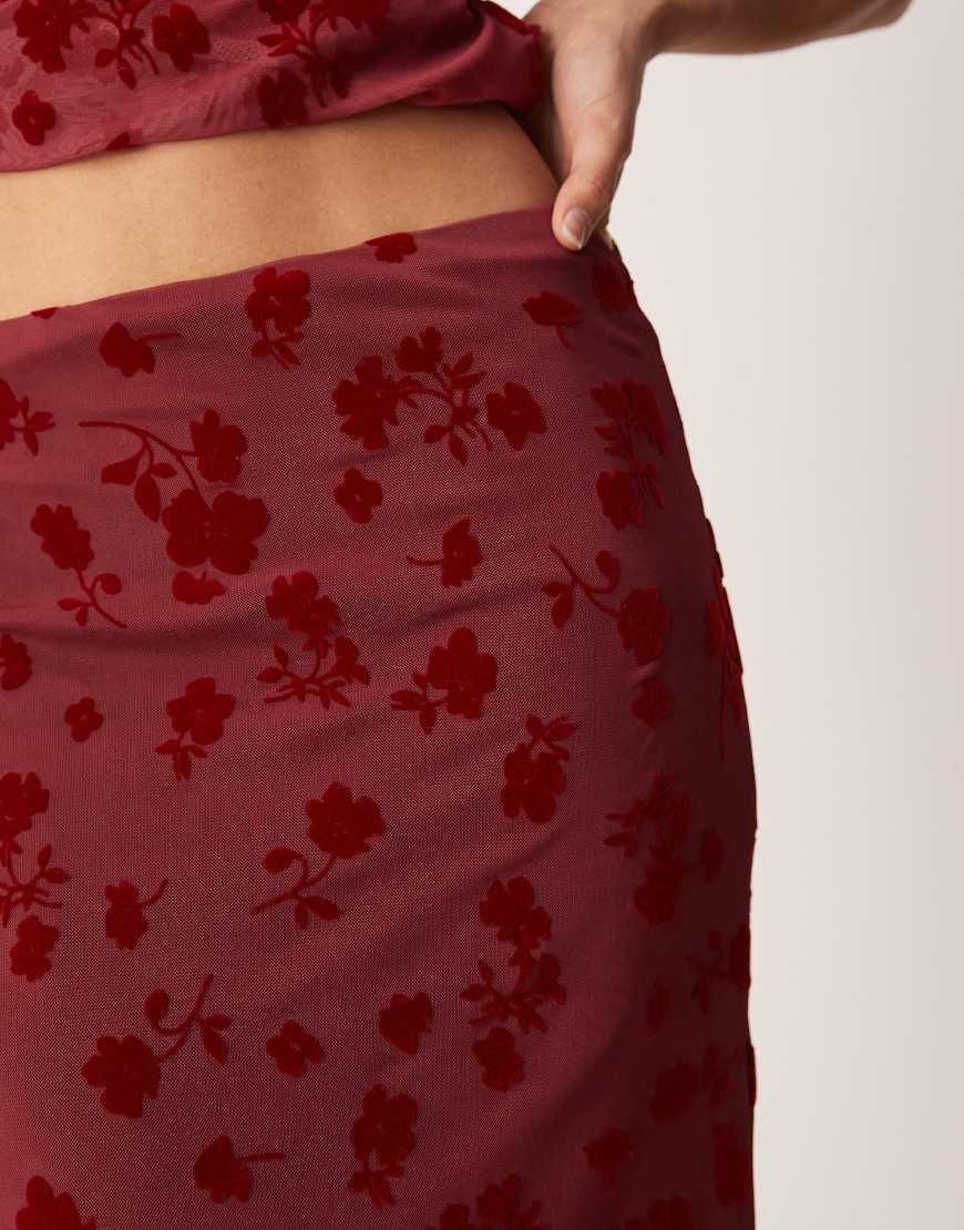 ASOS Flocked Mesh Low Rise Maxi Skirt in Red Lyst UK
