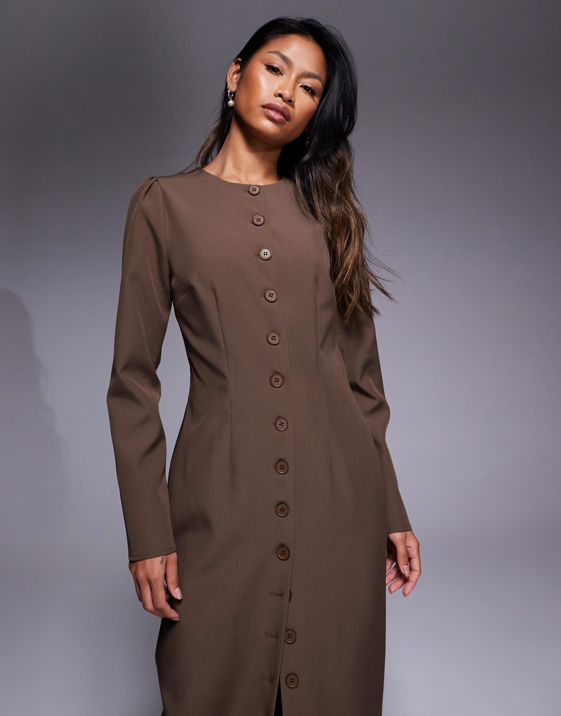 Kaiia Exclusive Tailored Long Sleeve Button Up Maxi Dress in Brown | Lyst