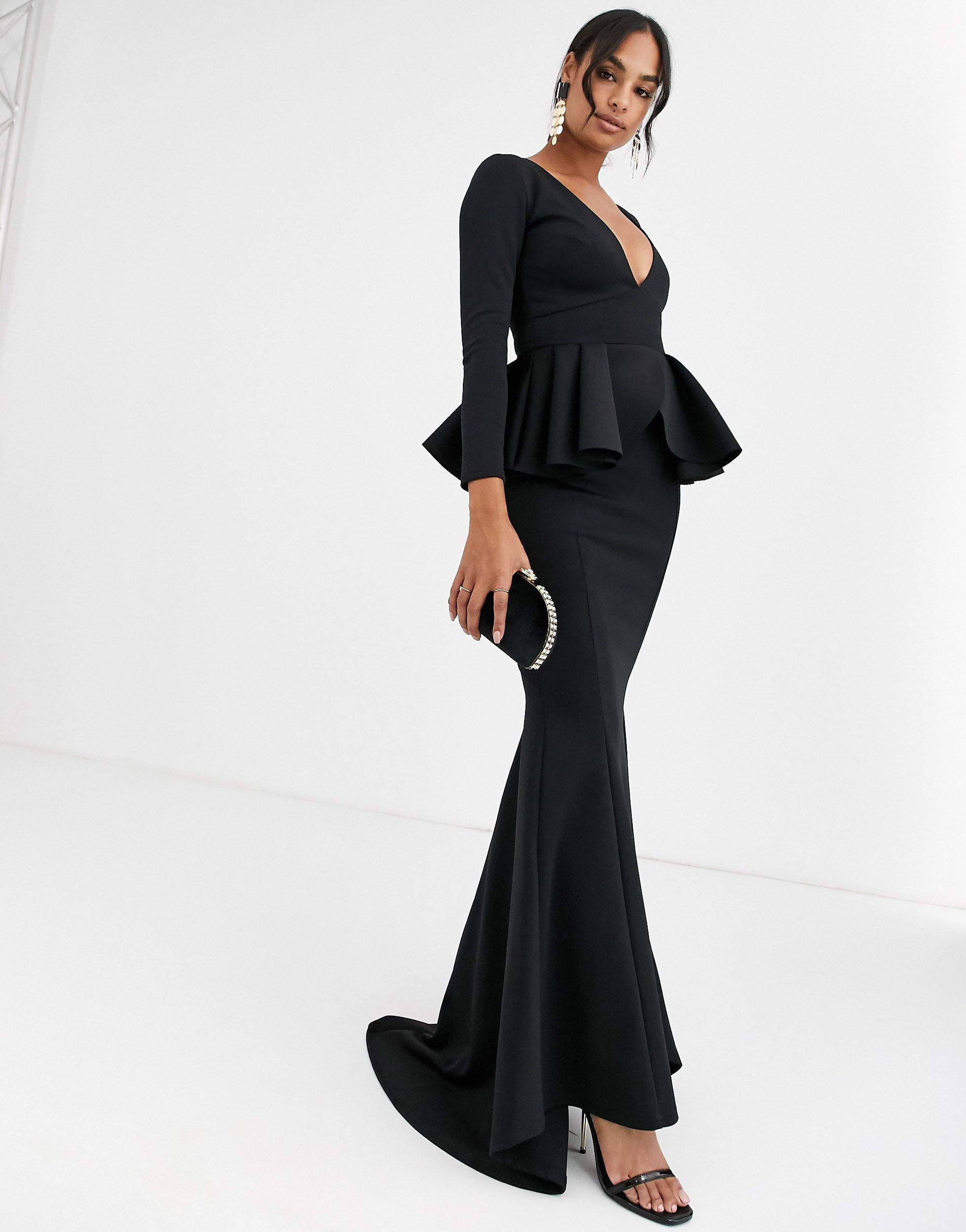True Violet Label Long Sleeve Plunge Maxi Dress With Peplum in Black | Lyst