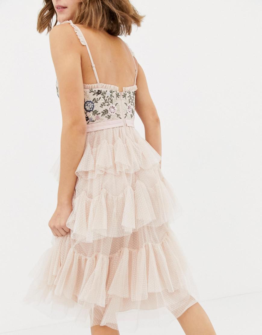 needle & thread tiered tulle midi dress in pearl