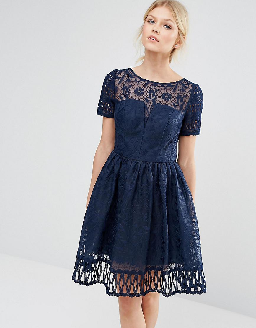 chi chi london premium lace midi dress with cap sleeve in navy