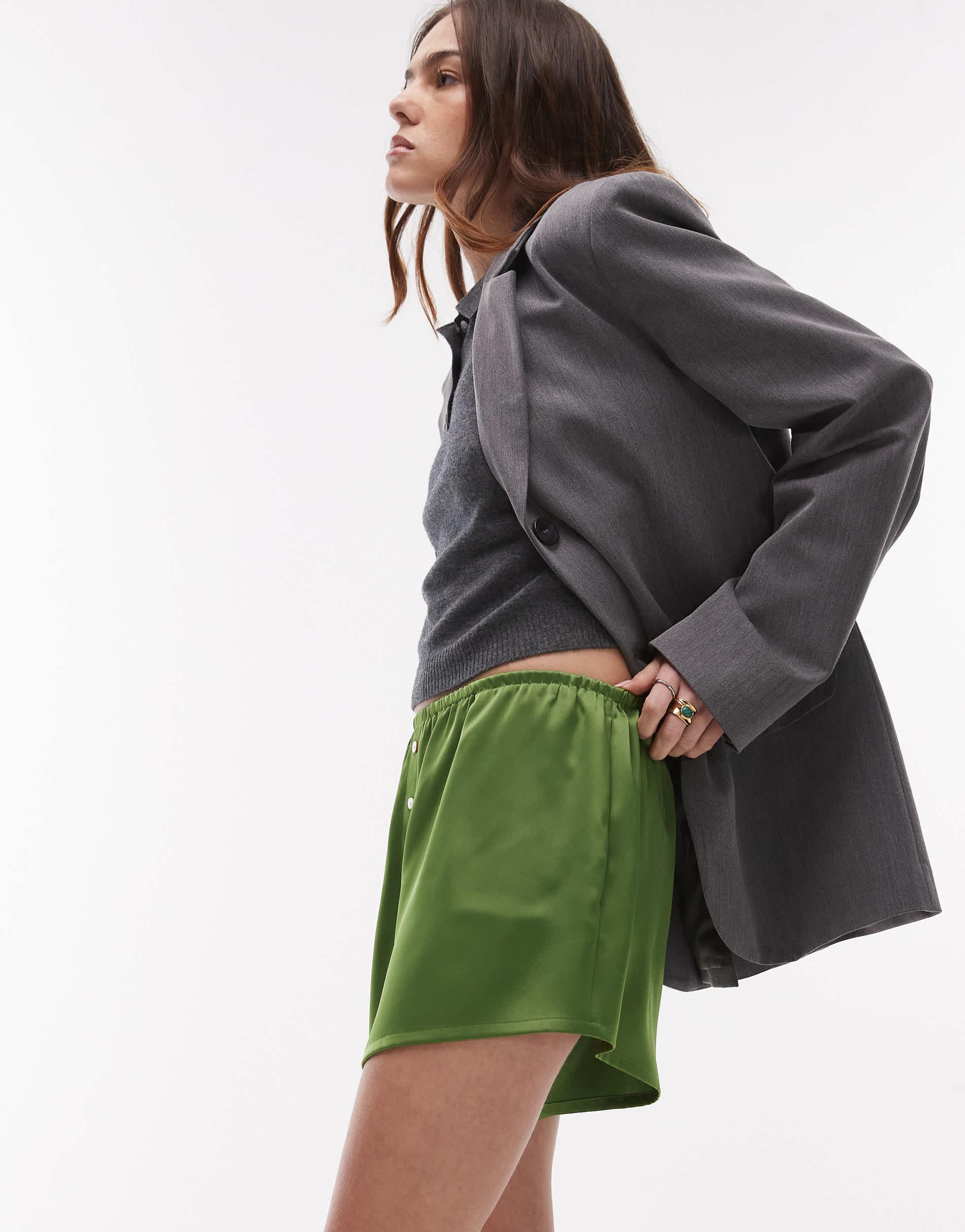 TOPSHOP Satin Knicker Short With Buttons in Green Lyst