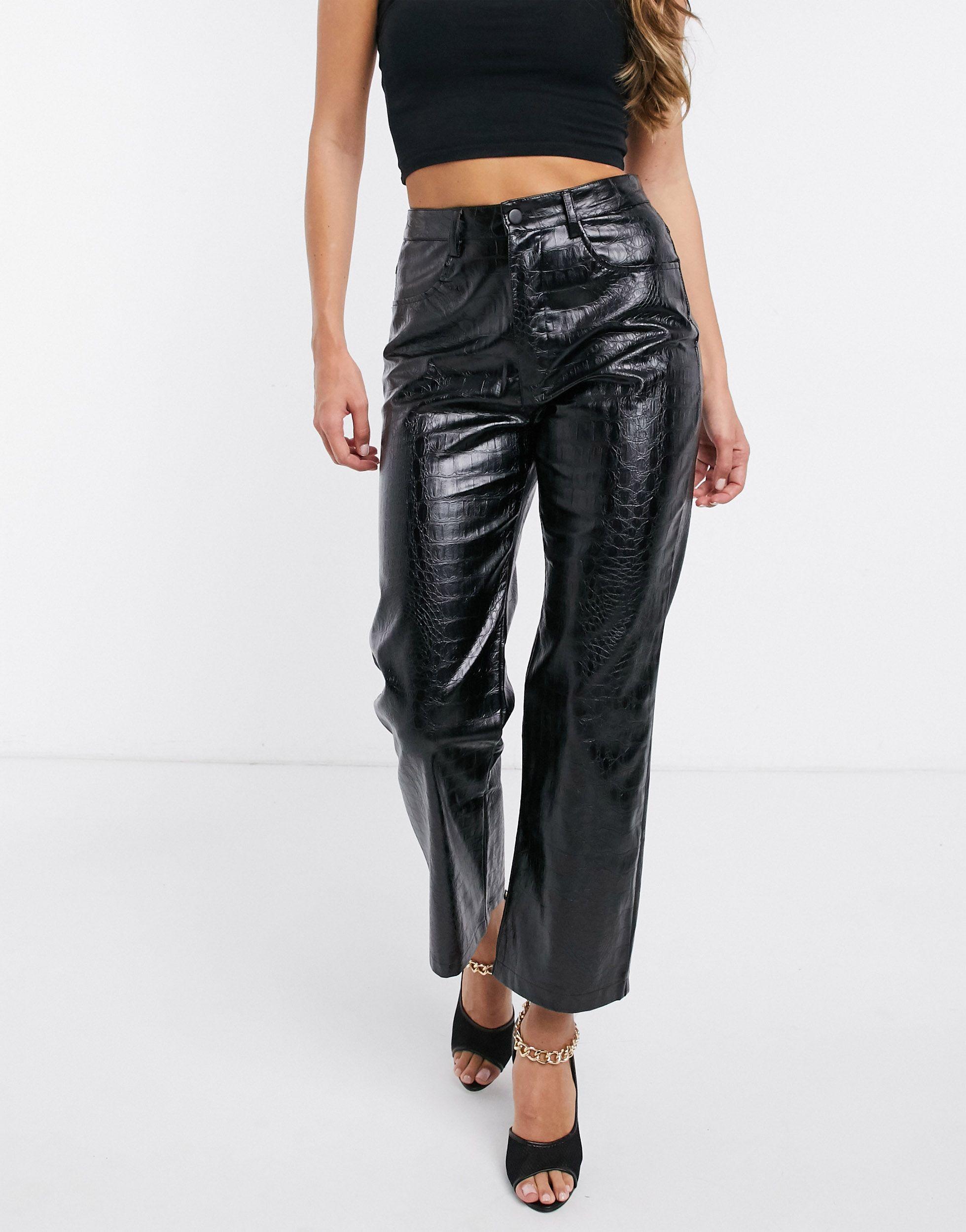 NA-KD Embossed Croc Faux-leather Pants in Black | Lyst