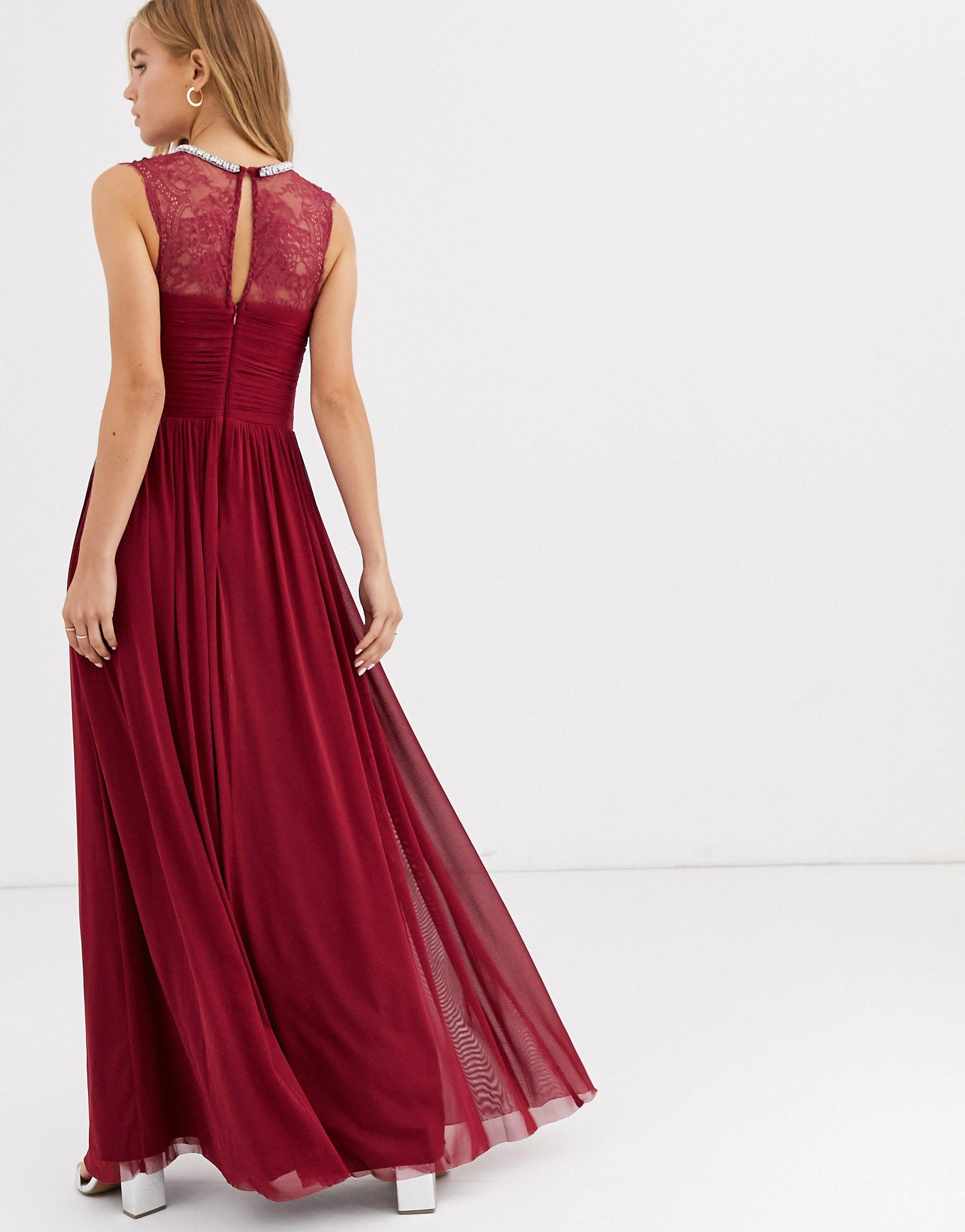 Lipsy Ruched Maxi Dress With Lace Yolk And Embellished Neck in Red - Lyst